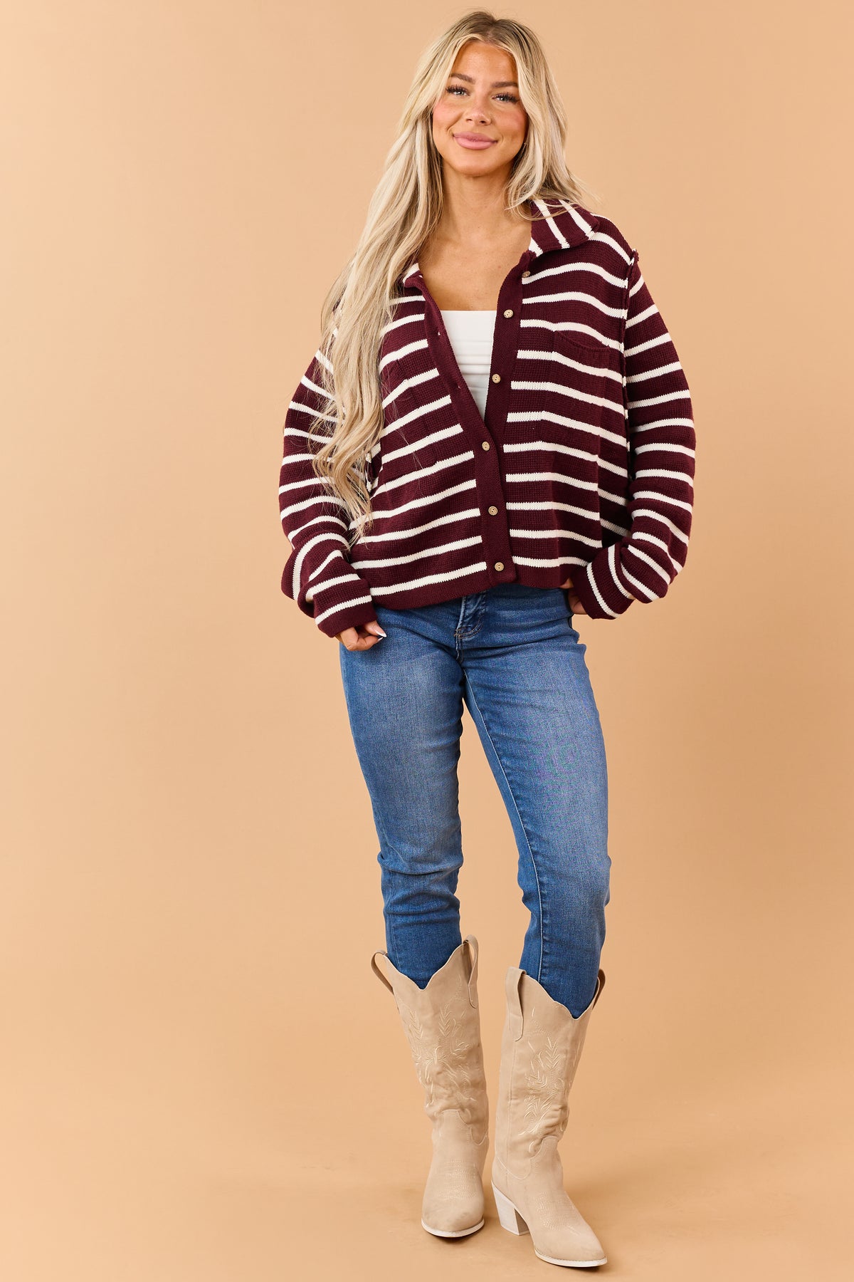 Maroon Striped Button Down Sweater Cardigan