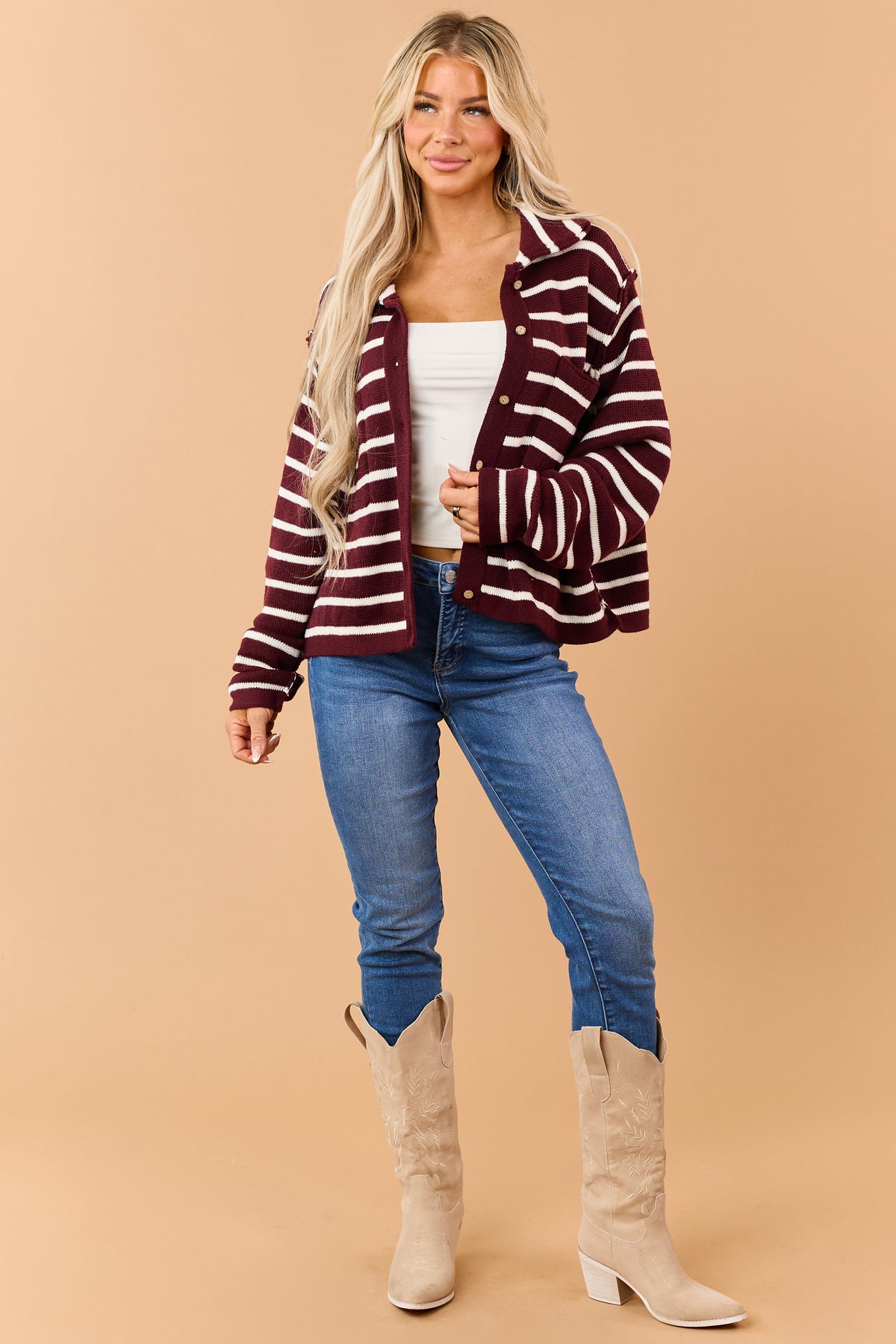 Maroon Striped Button Down Sweater Cardigan
