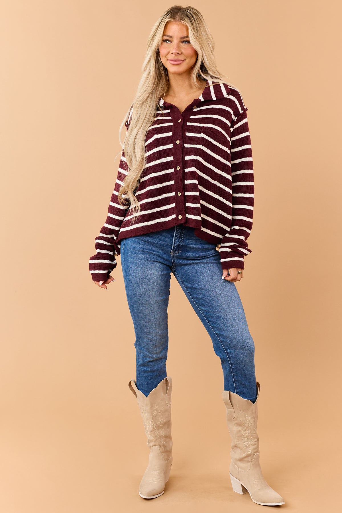 Maroon Striped Button Down Sweater Cardigan