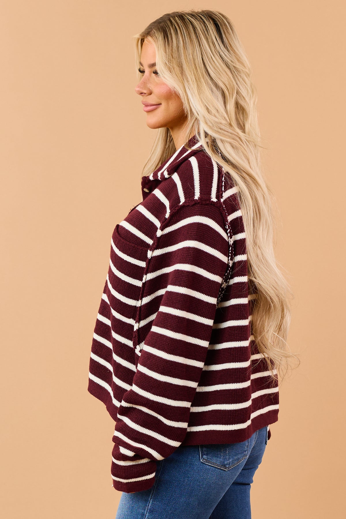 Maroon Striped Button Down Sweater Cardigan