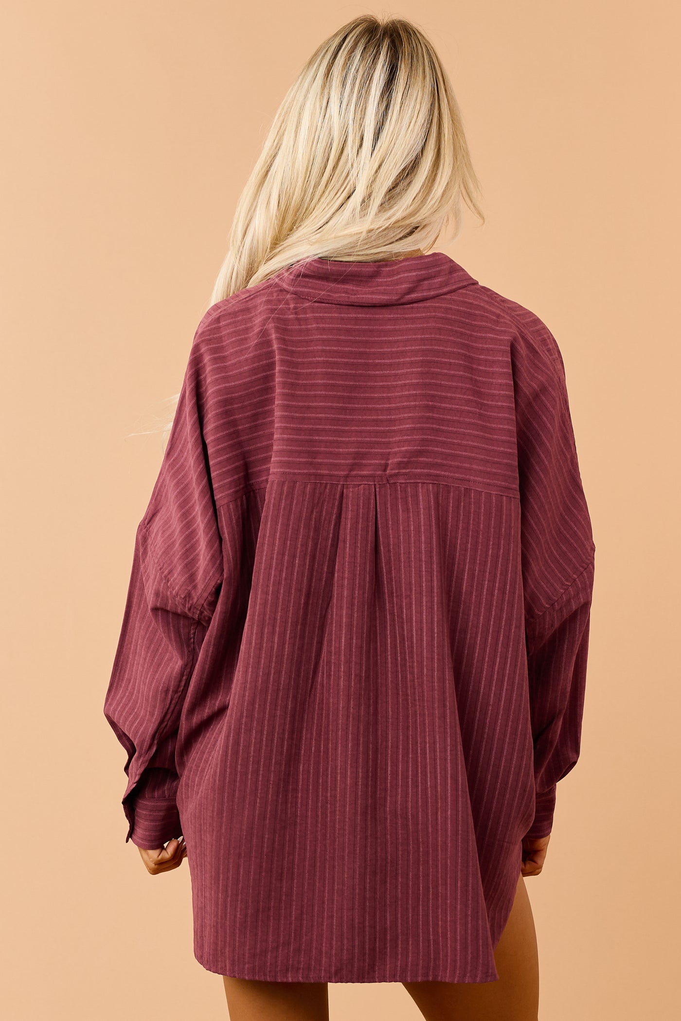 Maroon Striped Button Up Long Sleeve Relaxed Shirt