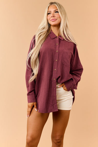 Maroon Striped Button Up Long Sleeve Relaxed Shirt