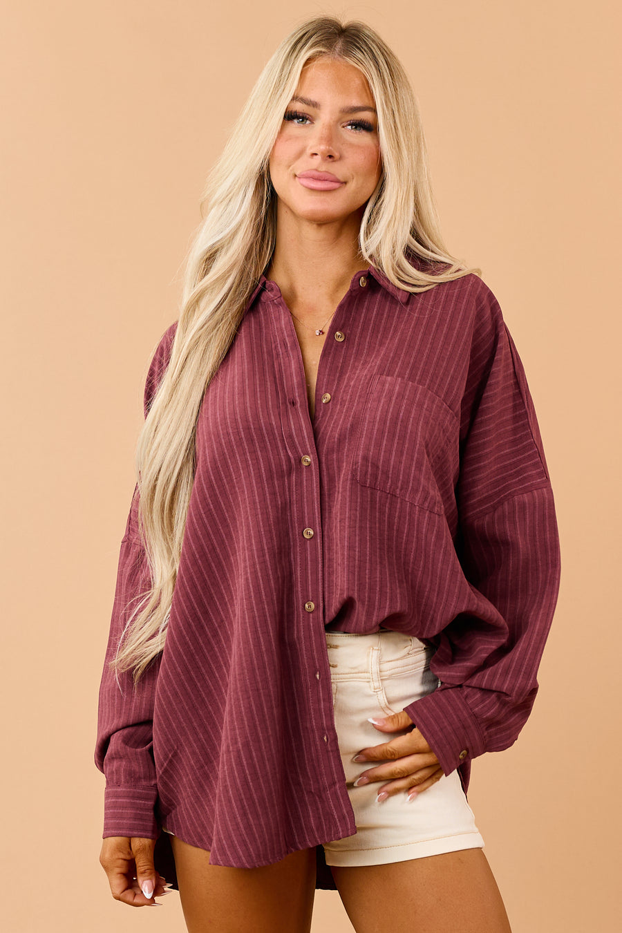 Maroon Striped Button Up Long Sleeve Relaxed Shirt
