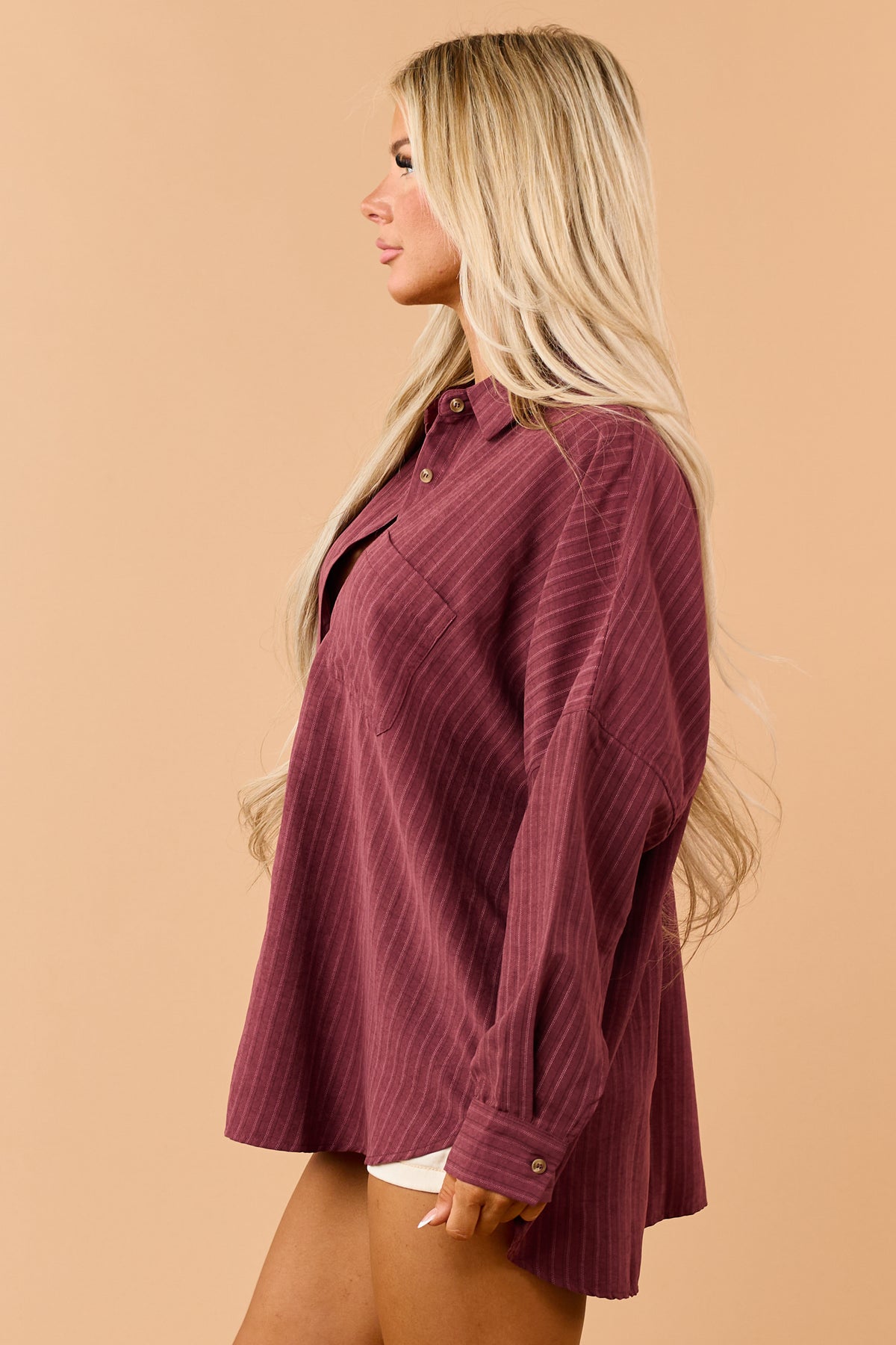 Maroon Striped Button Up Long Sleeve Relaxed Shirt