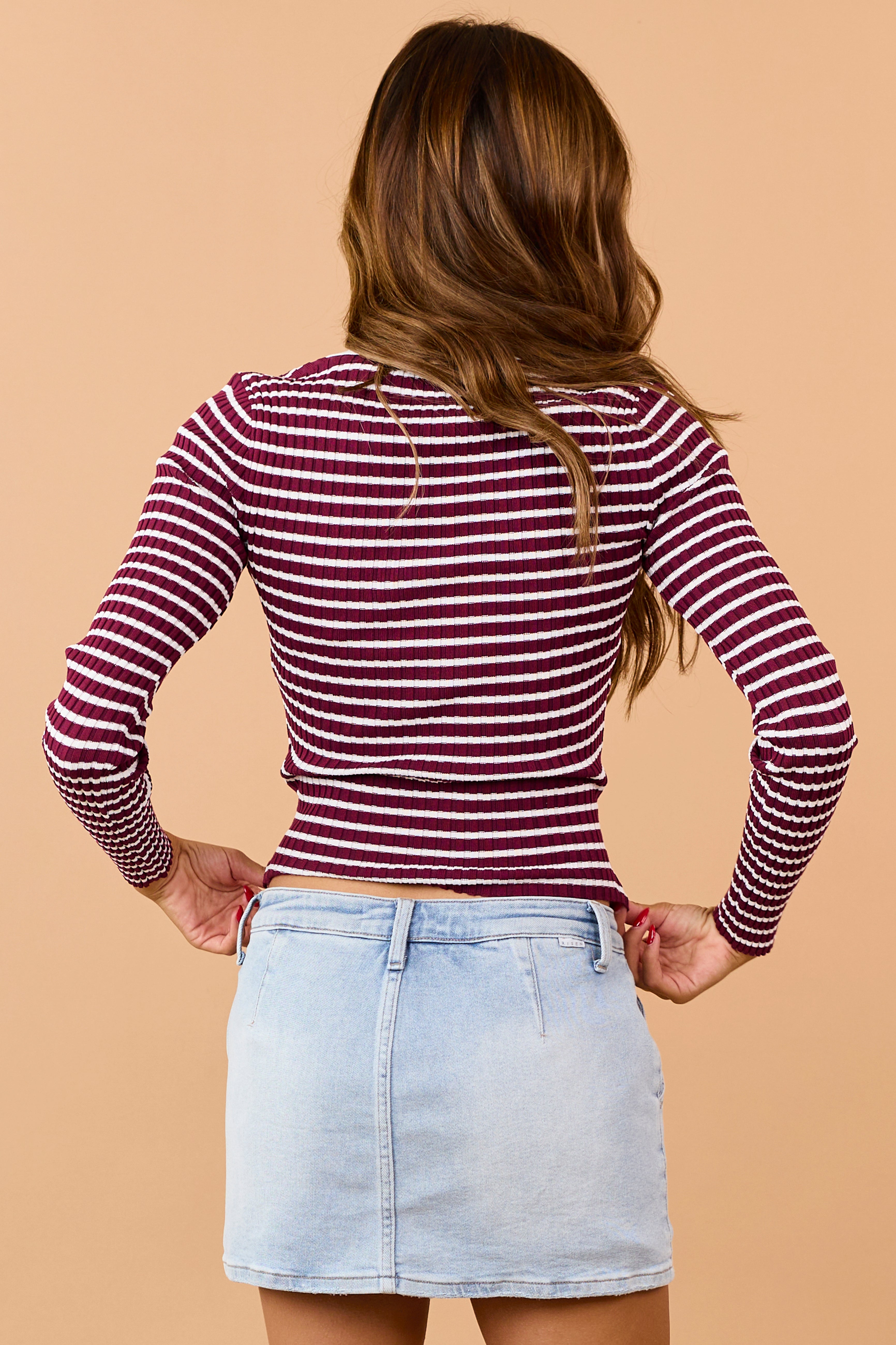 Maroon Striped Rib Knit Collared Sweater Top