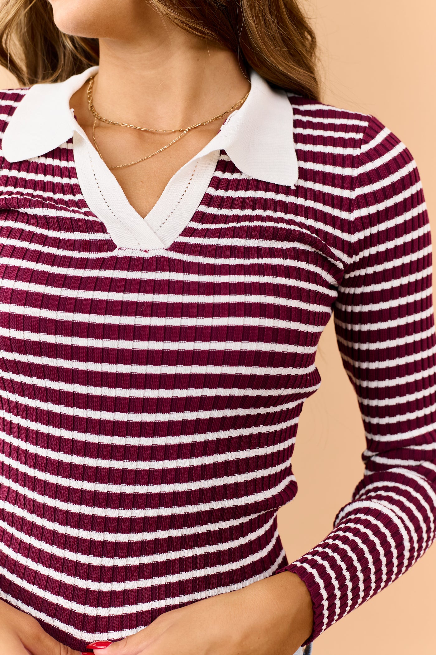 Maroon Striped Rib Knit Collared Sweater Top
