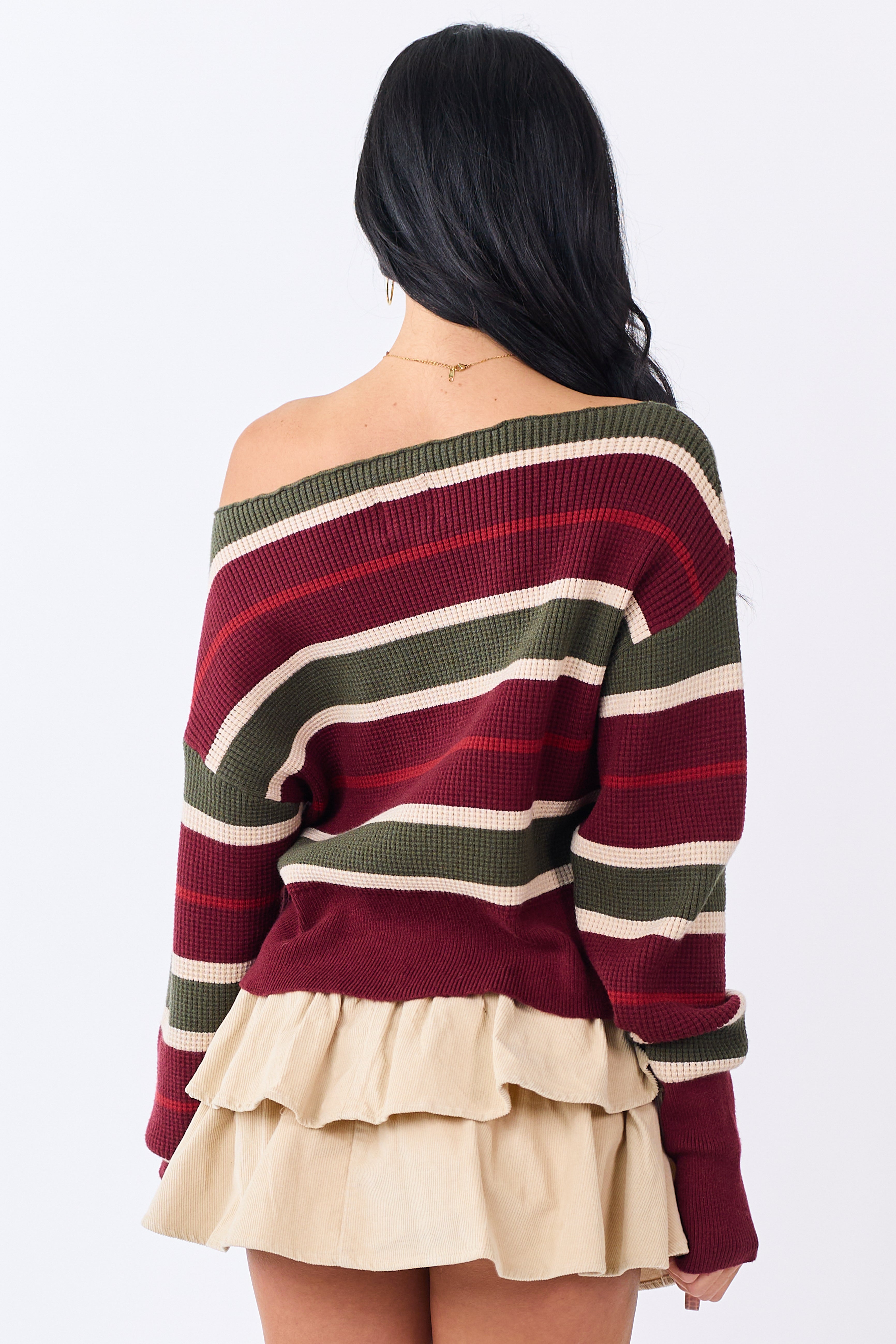Maroon Striped Waffle Knit One Shoulder Sweater