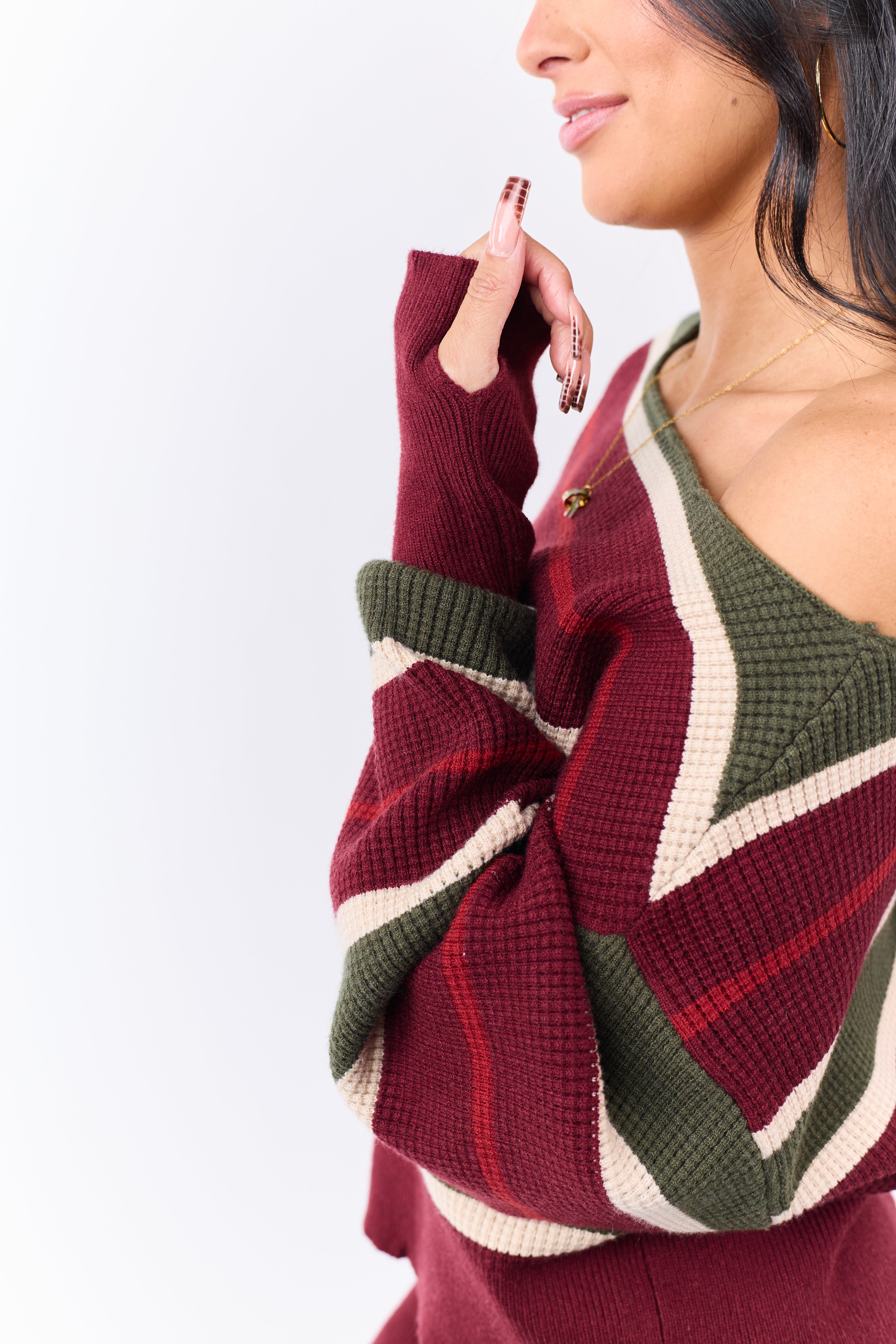 Maroon Striped Waffle Knit One Shoulder Sweater