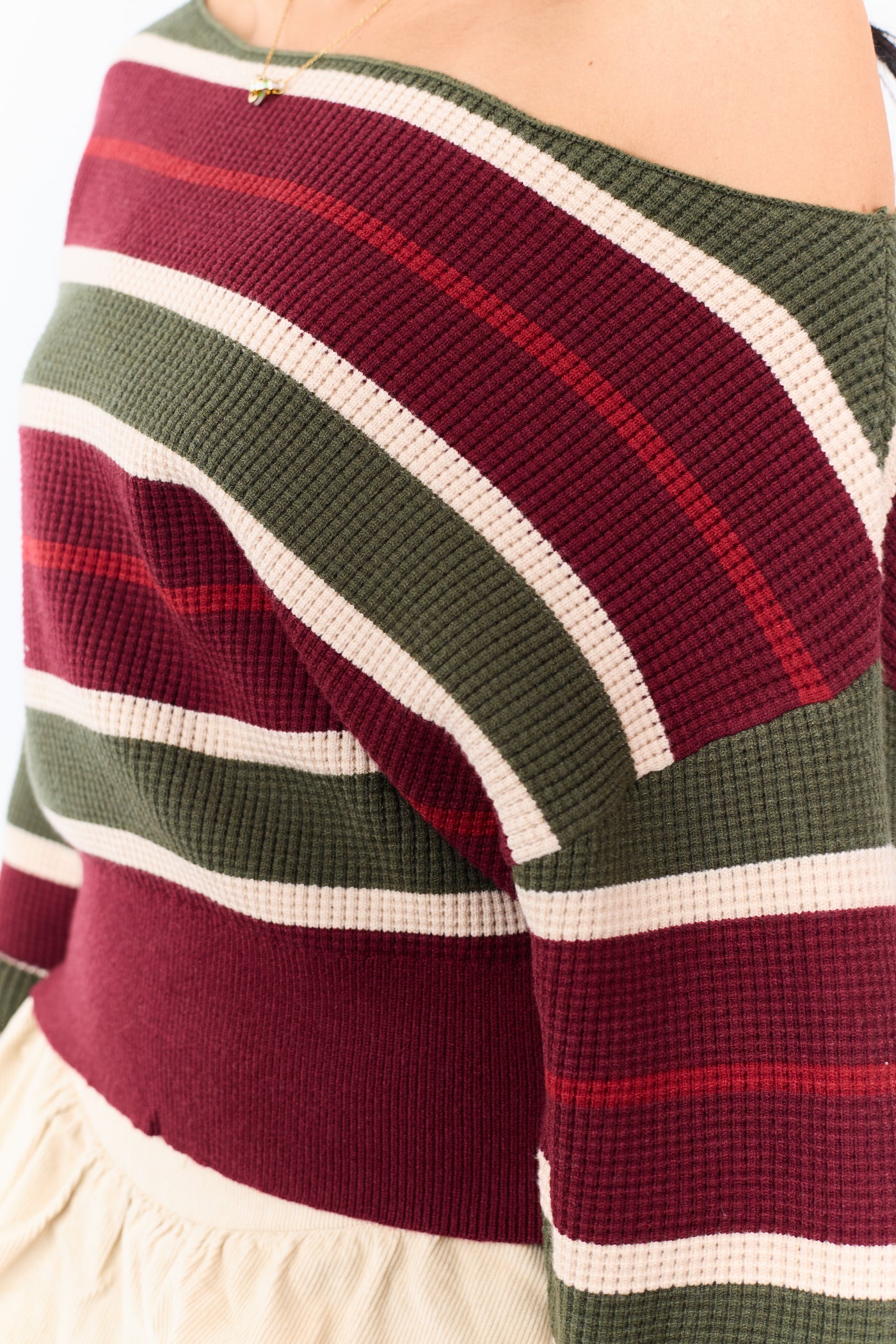 Maroon Striped Waffle Knit One Shoulder Sweater