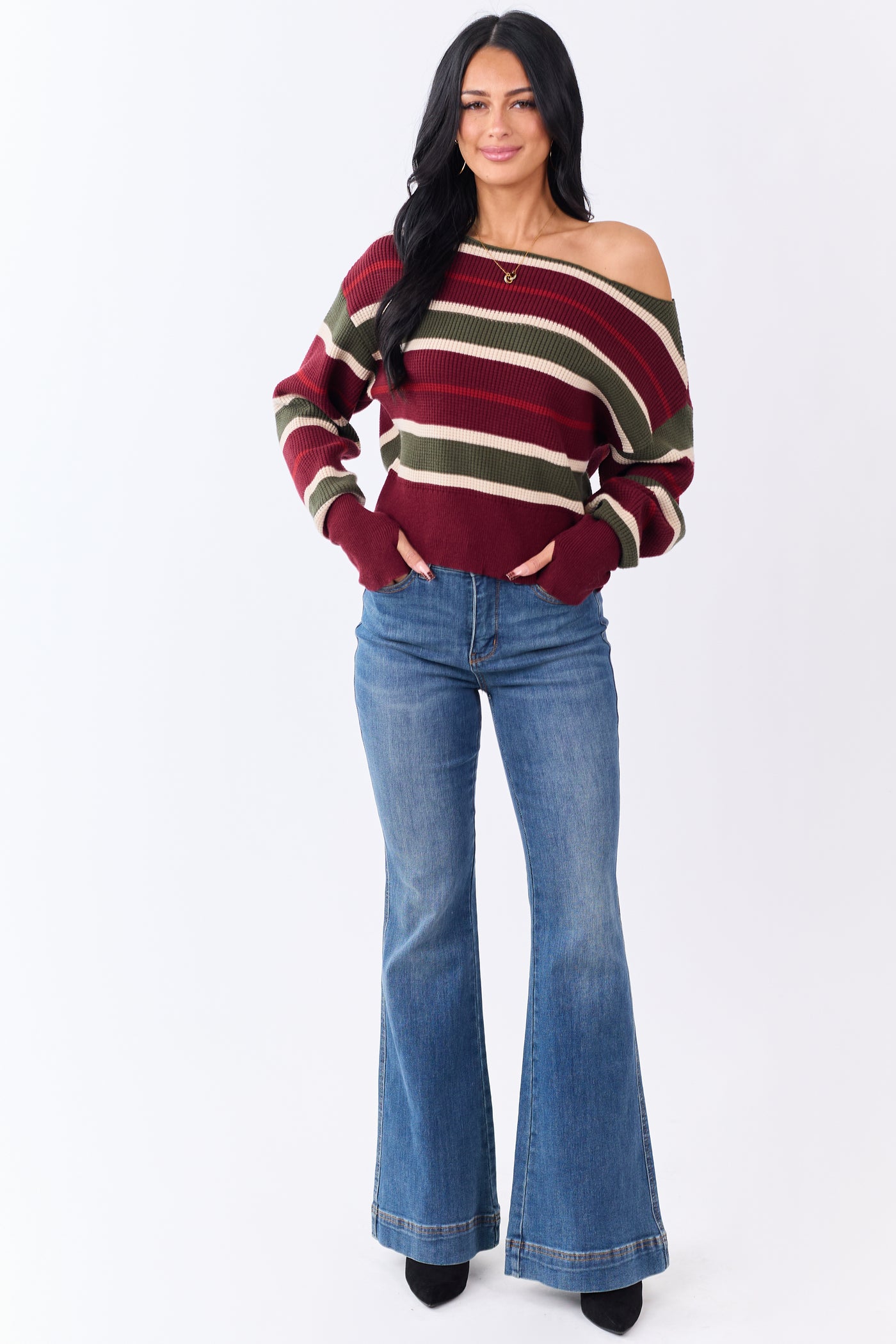 Maroon Striped Waffle Knit One Shoulder Sweater