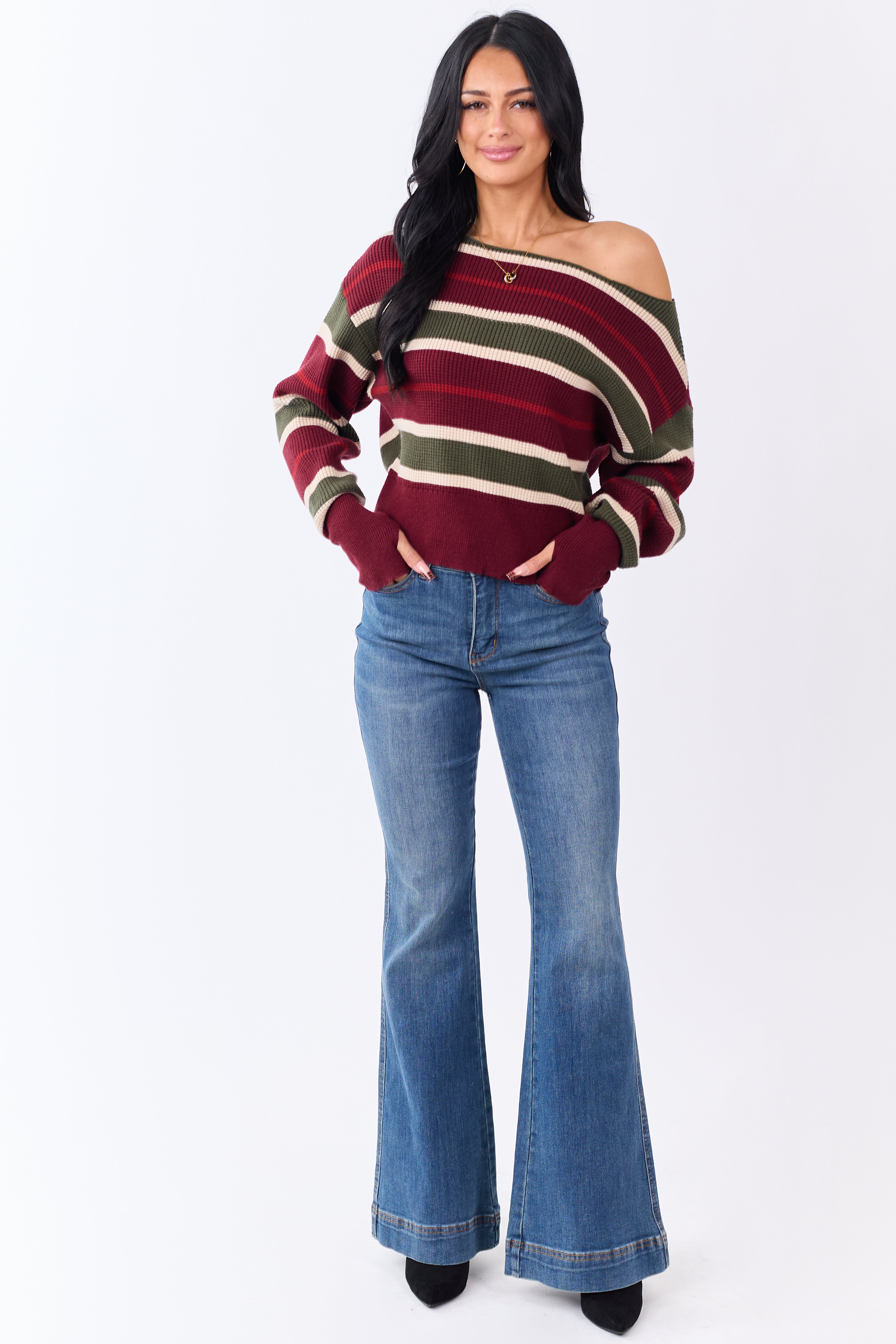Maroon Striped Waffle Knit One Shoulder Sweater