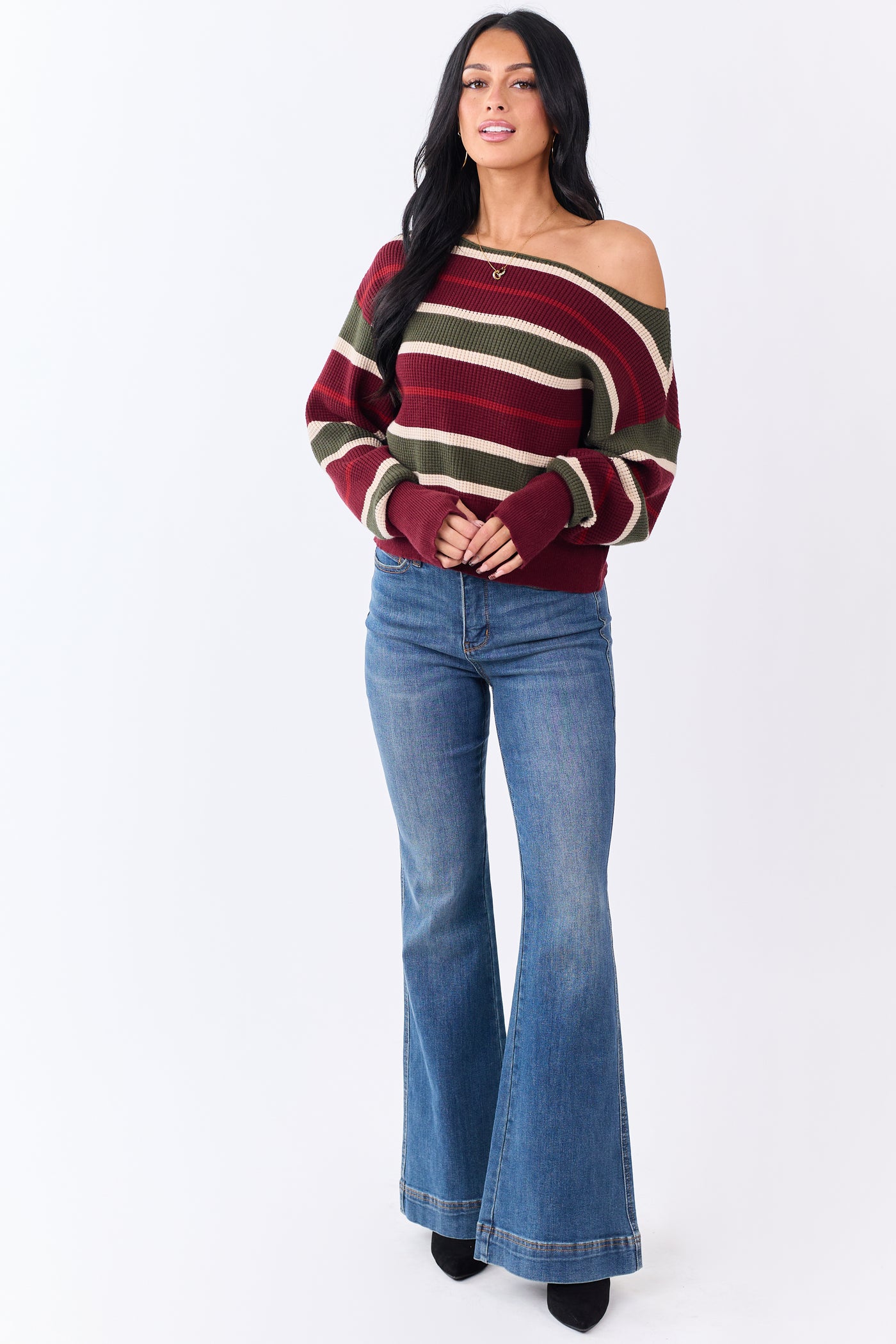 Maroon Striped Waffle Knit One Shoulder Sweater