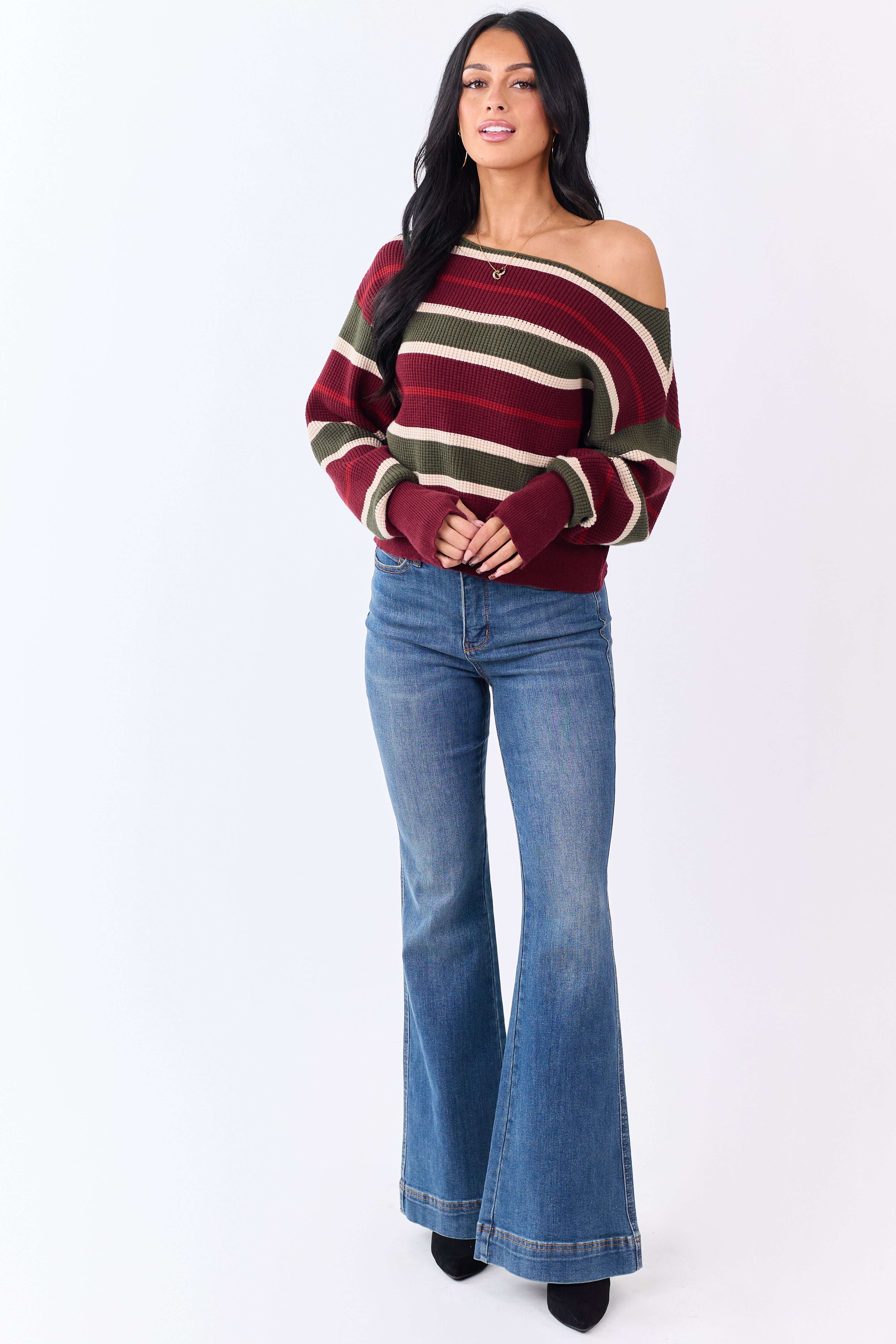 Maroon Striped Waffle Knit One Shoulder Sweater
