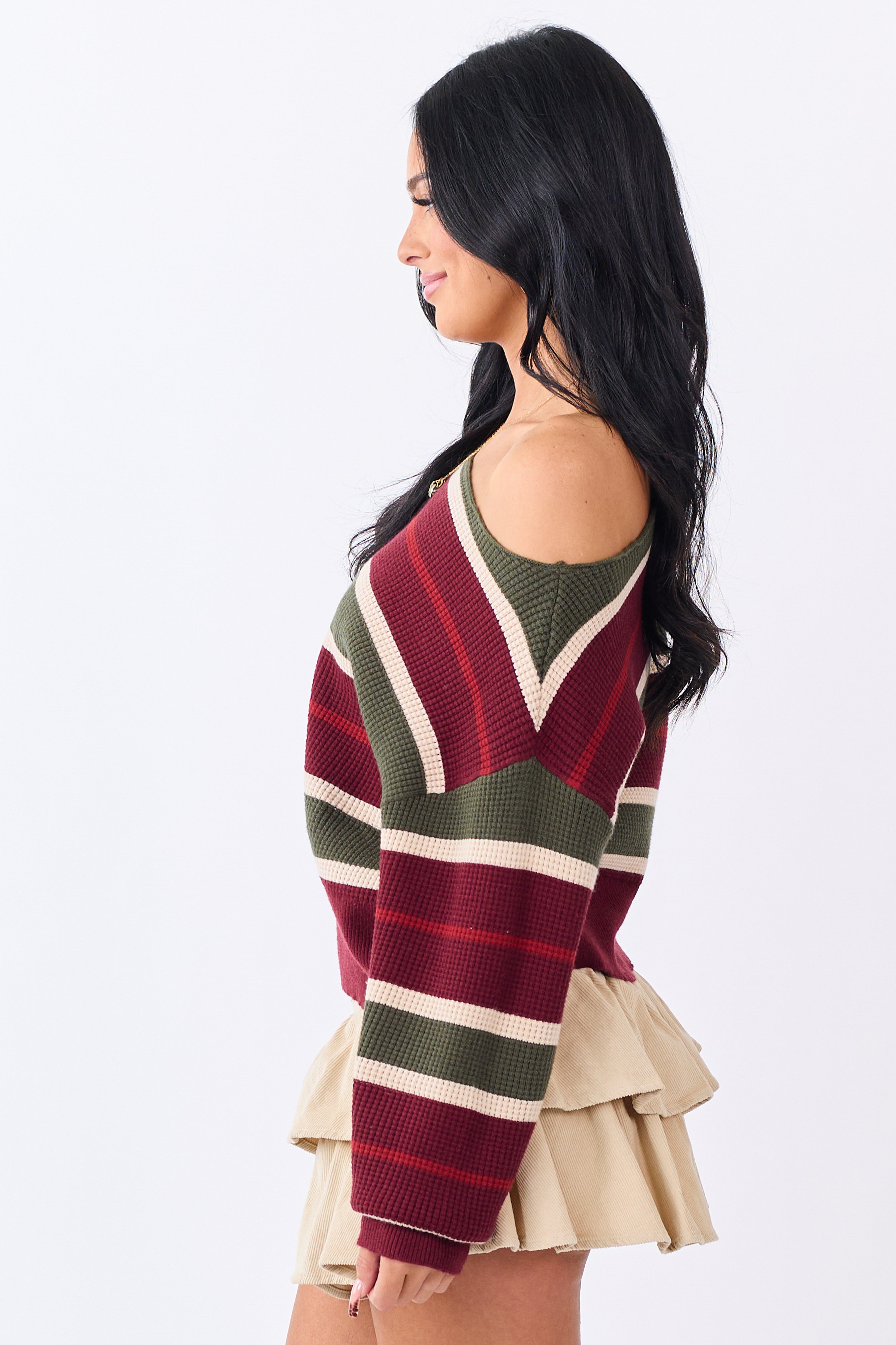 Maroon Striped Waffle Knit One Shoulder Sweater