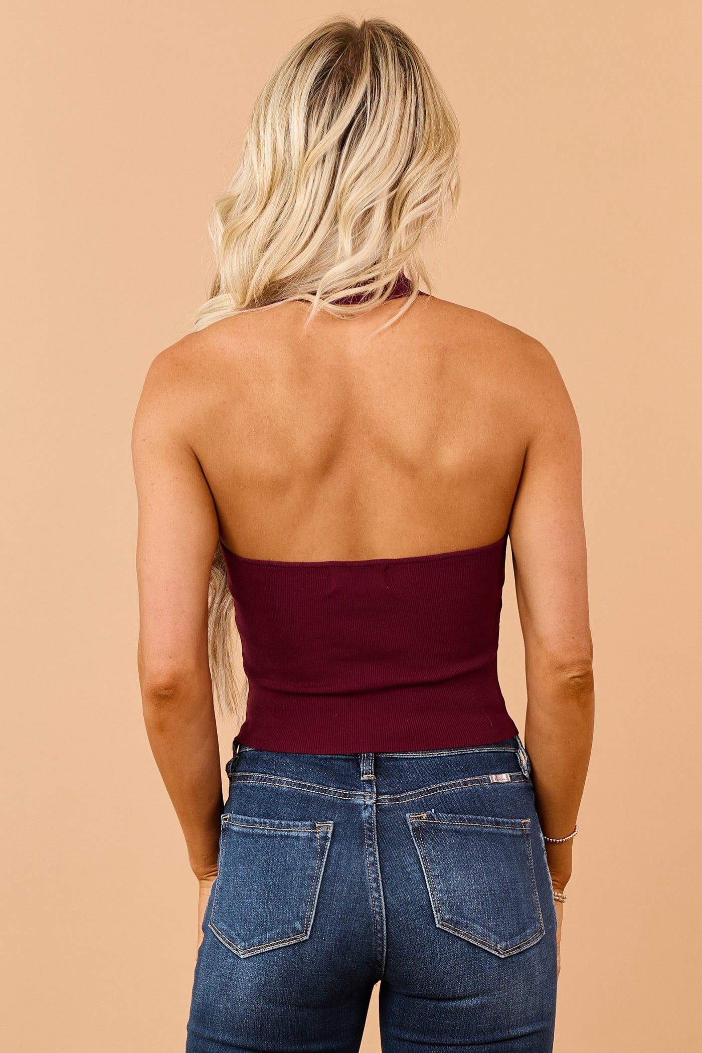 Maroon Sweater Rib Knit Cropped Halter Top