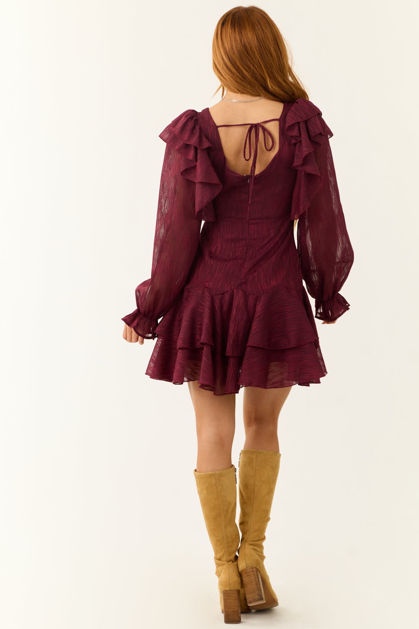 Maroon Sweetheart Neck Long Sleeve Short Dress Maroon Sweetheart Neck Long Sleeve Short Dress