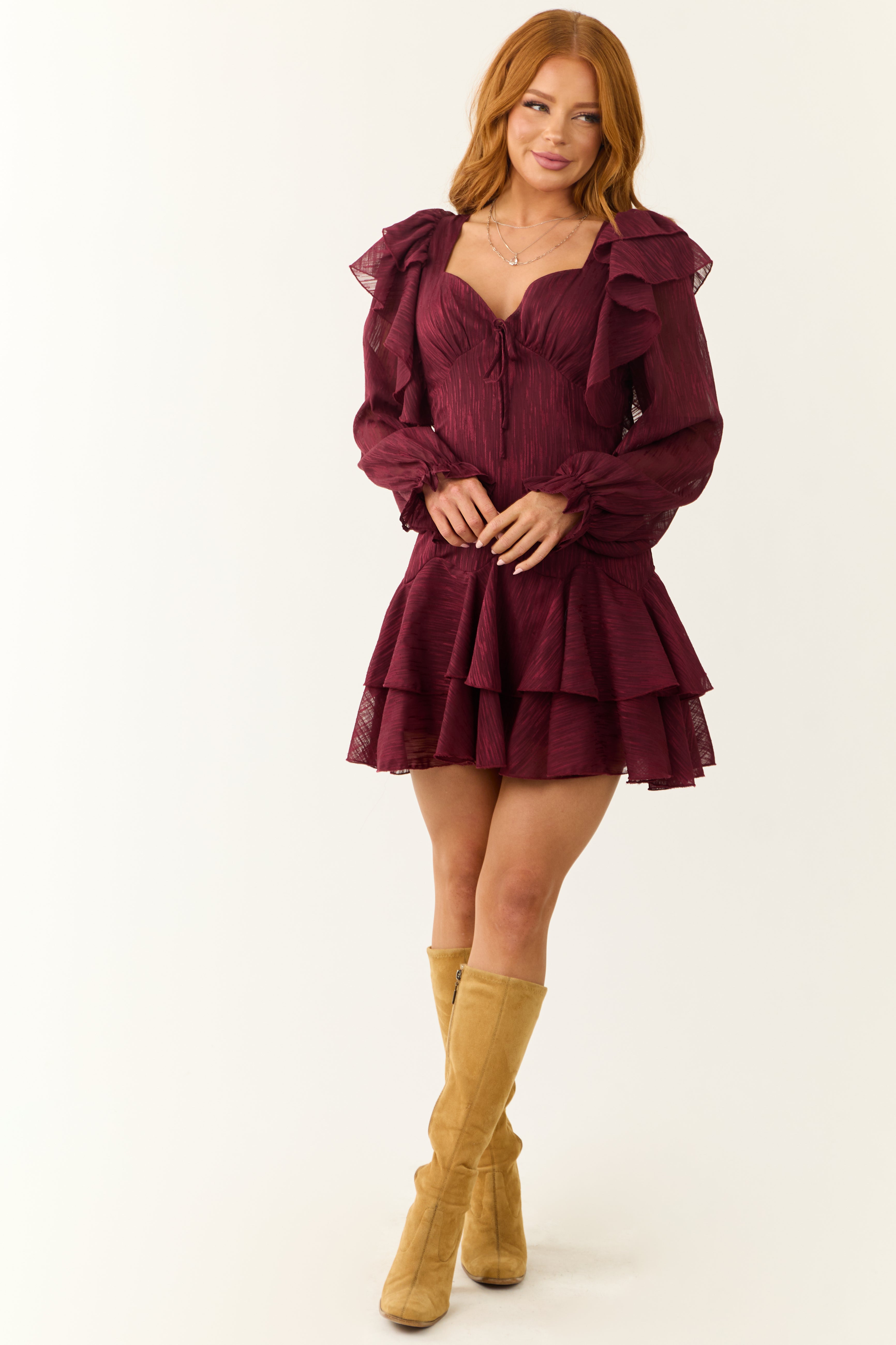 Maroon Sweetheart Neck Long Sleeve Short Dress Maroon Sweetheart Neck Long Sleeve Short Dress