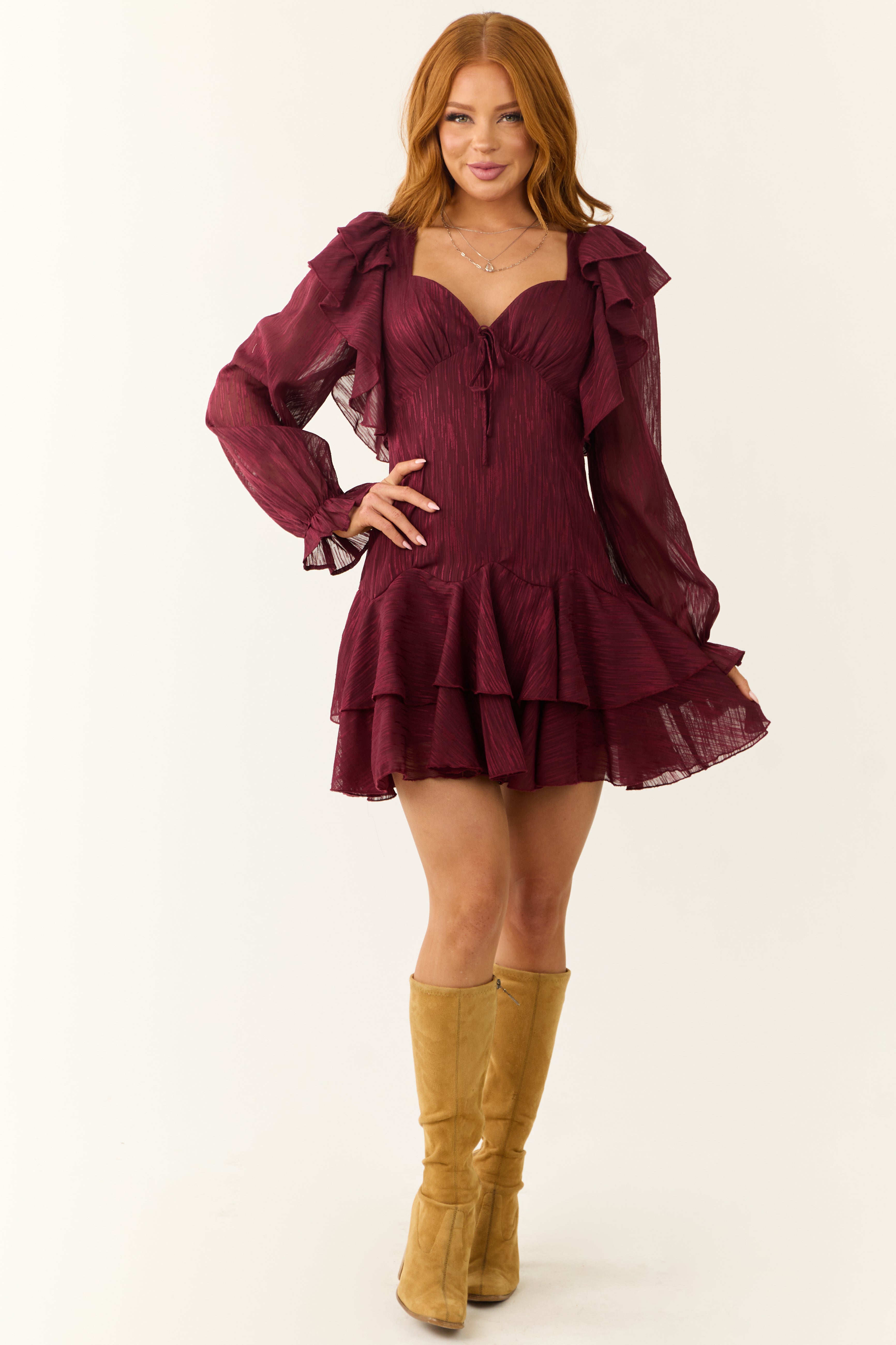dress with sweetheart neck Maroon Sweetheart Neck Long Sleeve Short Dress