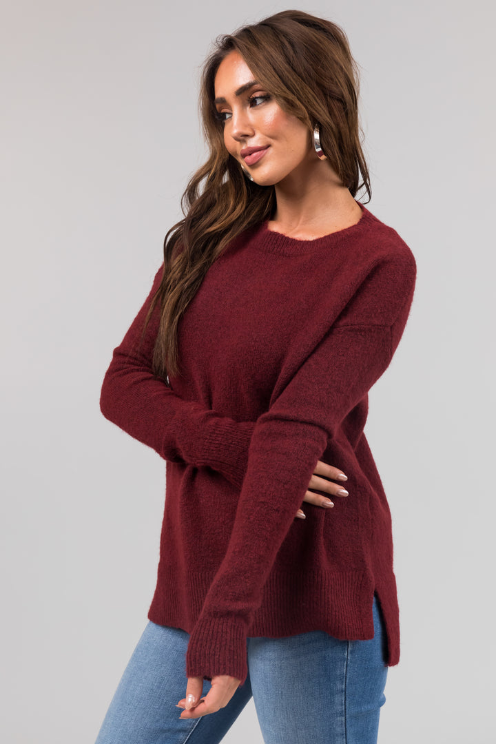 Maroon Two Tone Crew Neck Relaxed Sweater