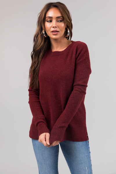 Maroon Two Tone Crew Neck Relaxed Sweater