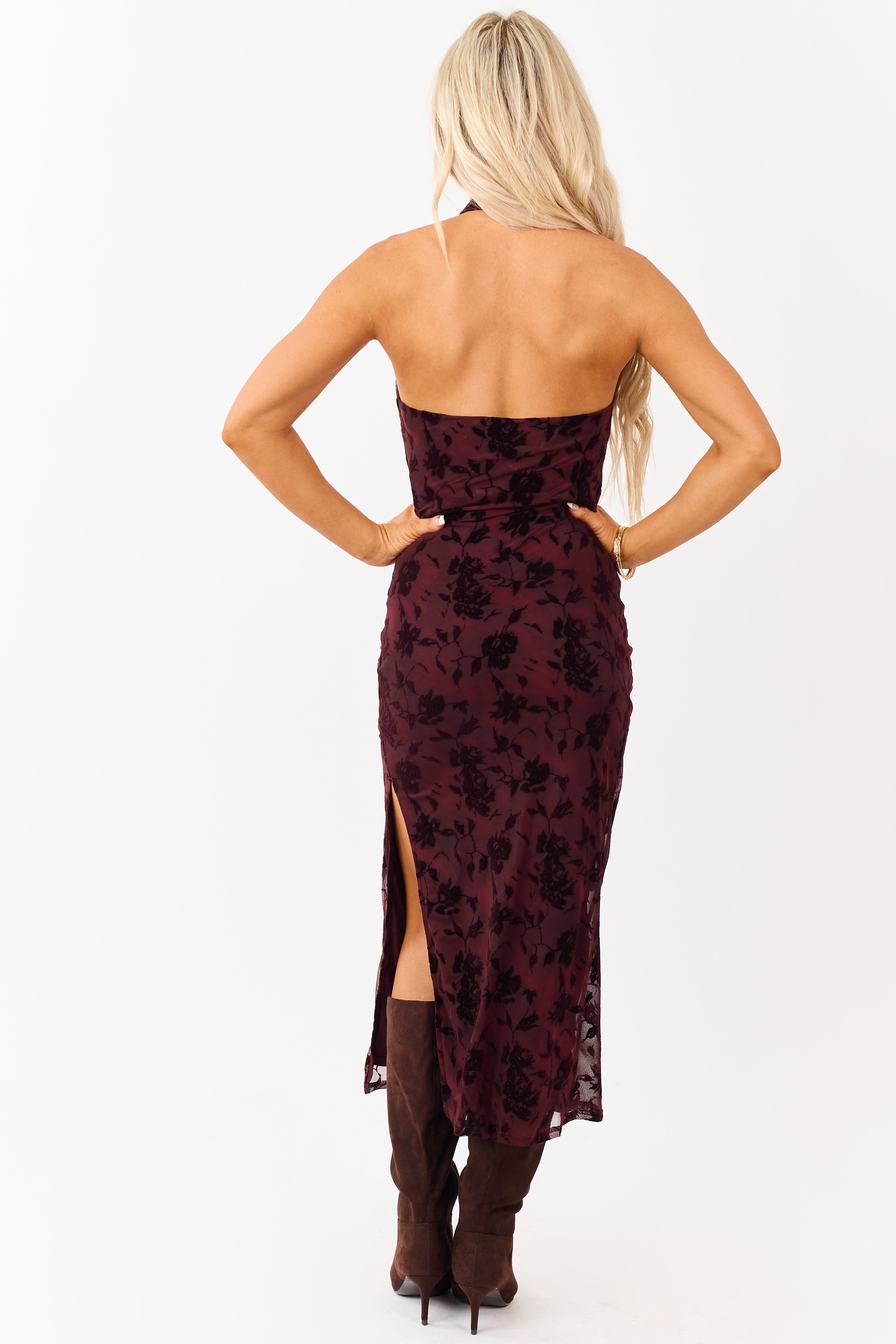 Maroon Velvet Burnout Halter Cowl Neck Midi Dress