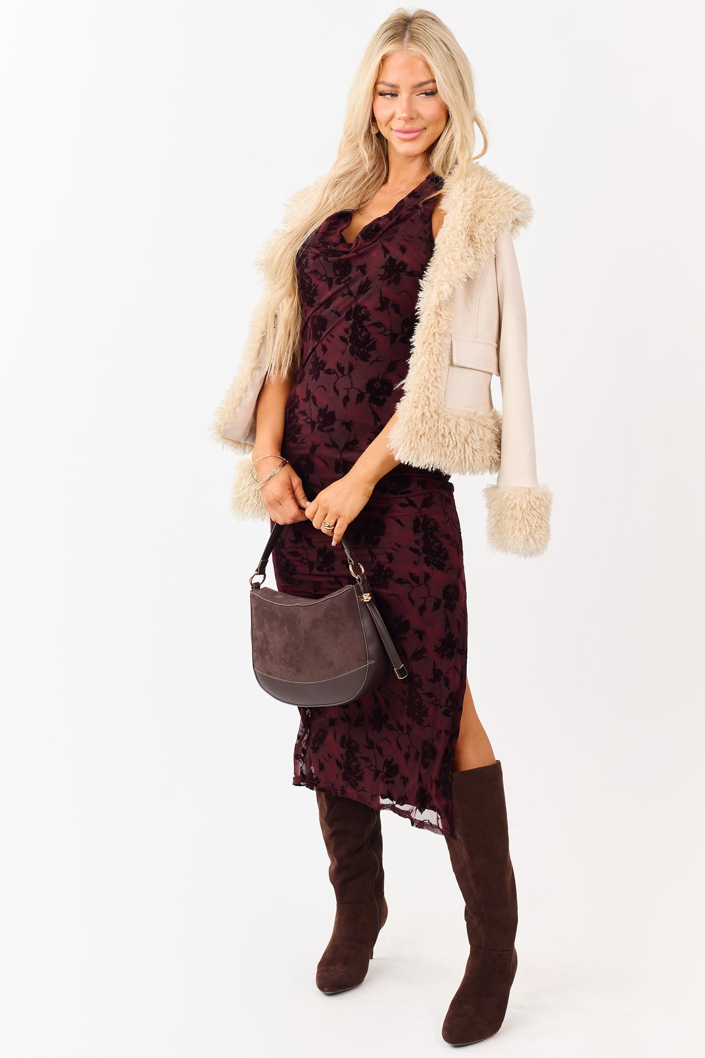 Maroon Velvet Burnout Halter Cowl Neck Midi Dress