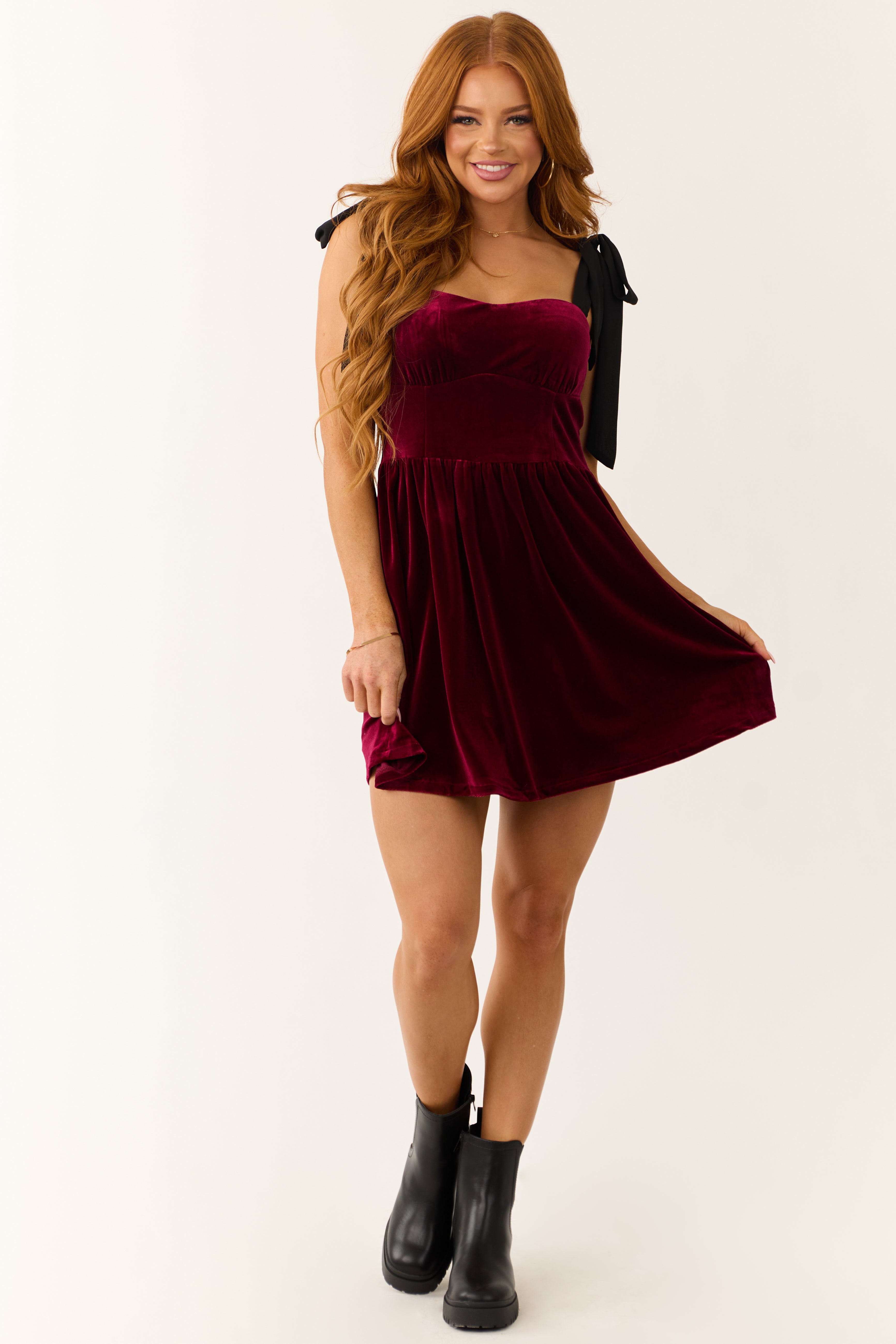 Maroon Velvet Contrast Strap Short Dress Maroon Velvet Contrast Strap Short Dress