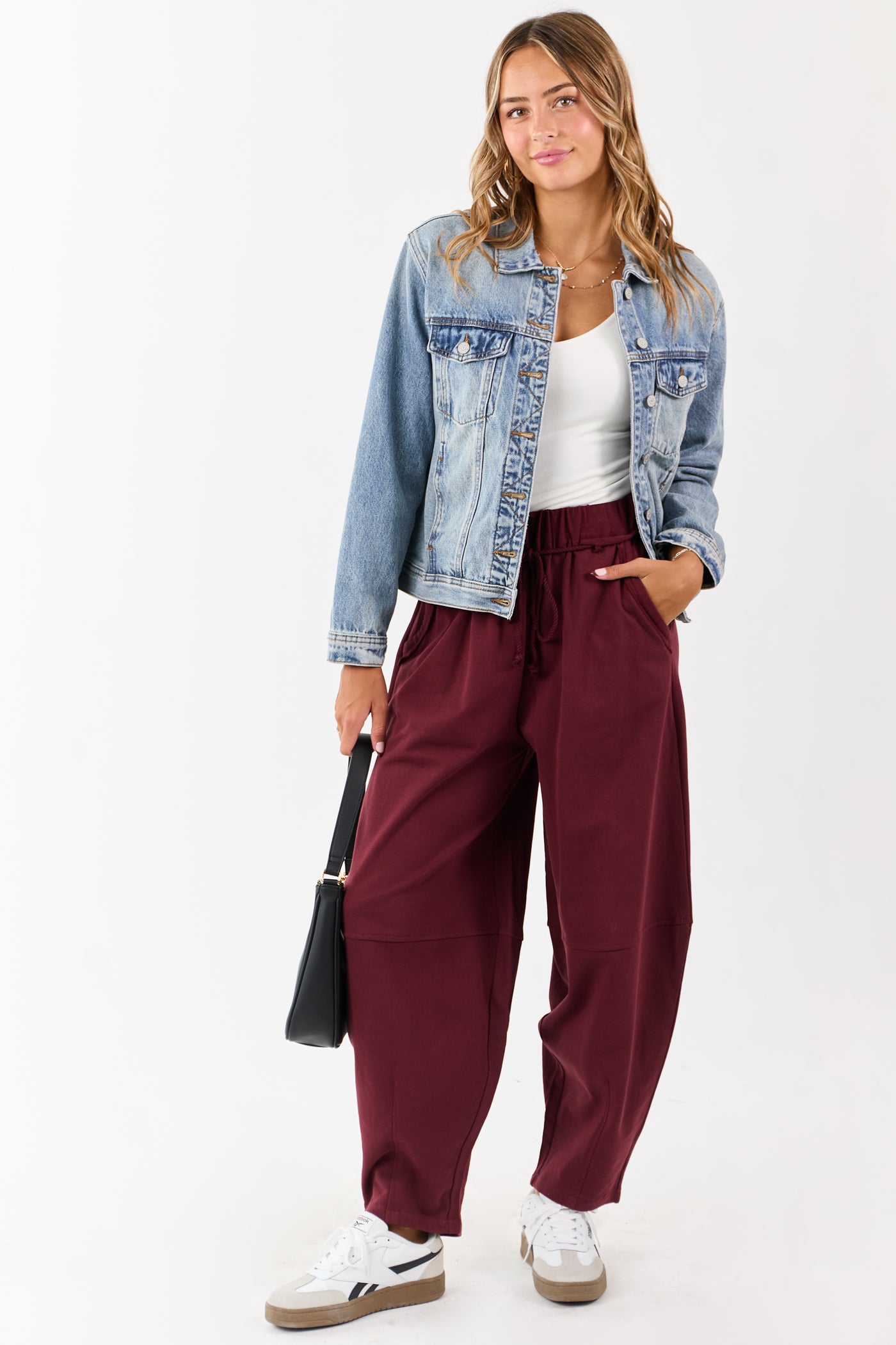 Maroon Waist Tie Barrel Style Cotton Sweatpants