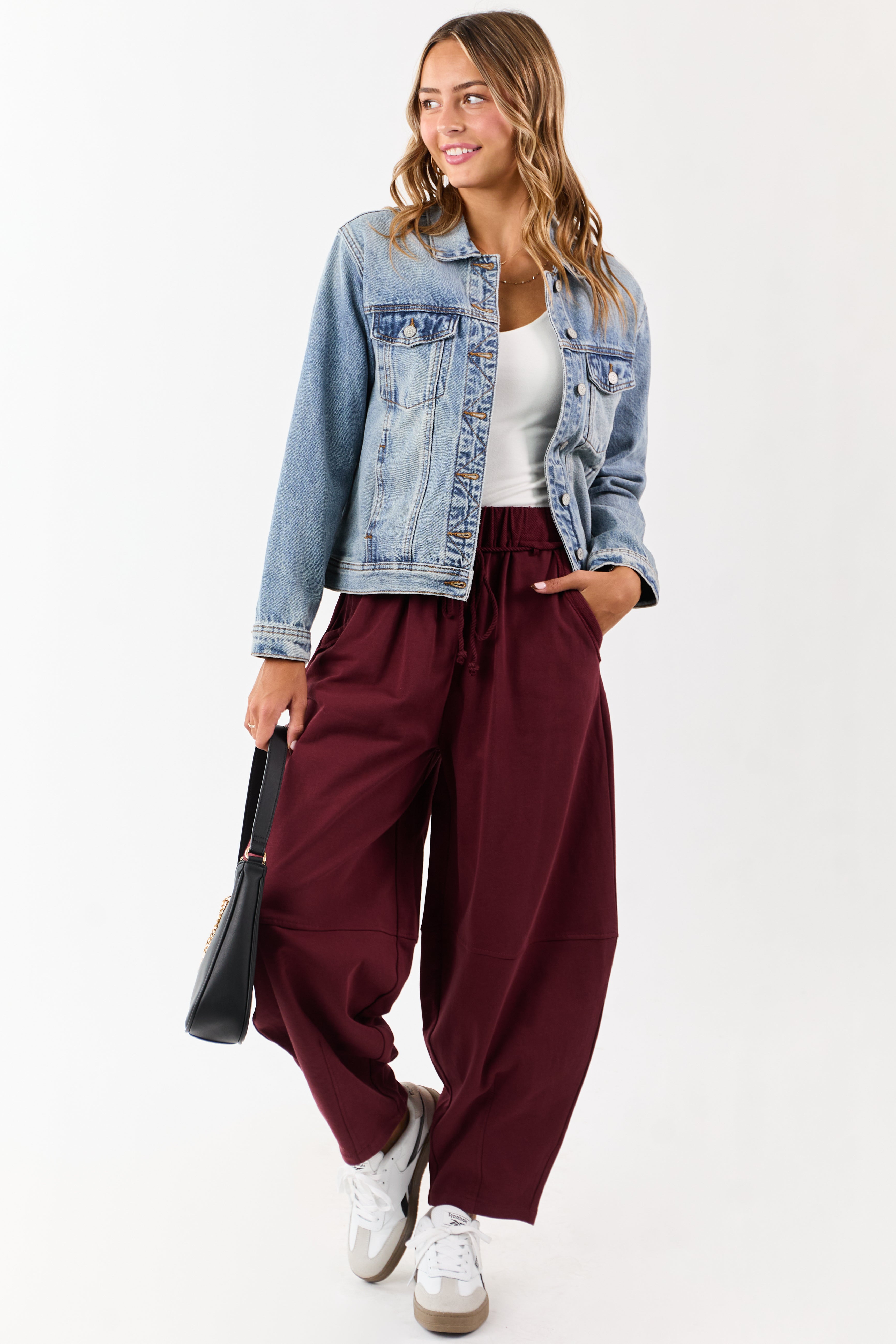 Maroon Waist Tie Barrel Style Cotton Sweatpants