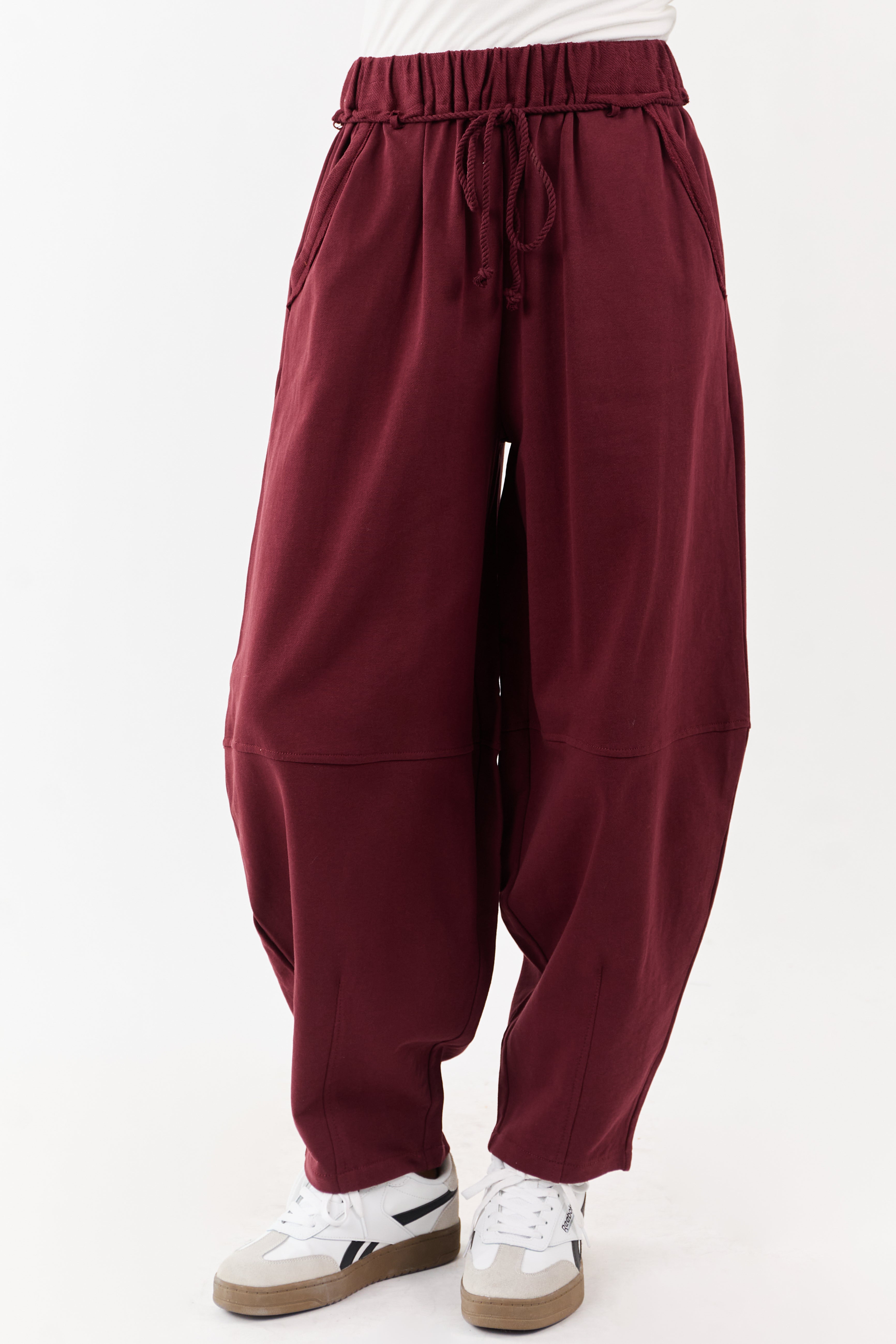 Maroon Waist Tie Barrel Style Cotton Sweatpants