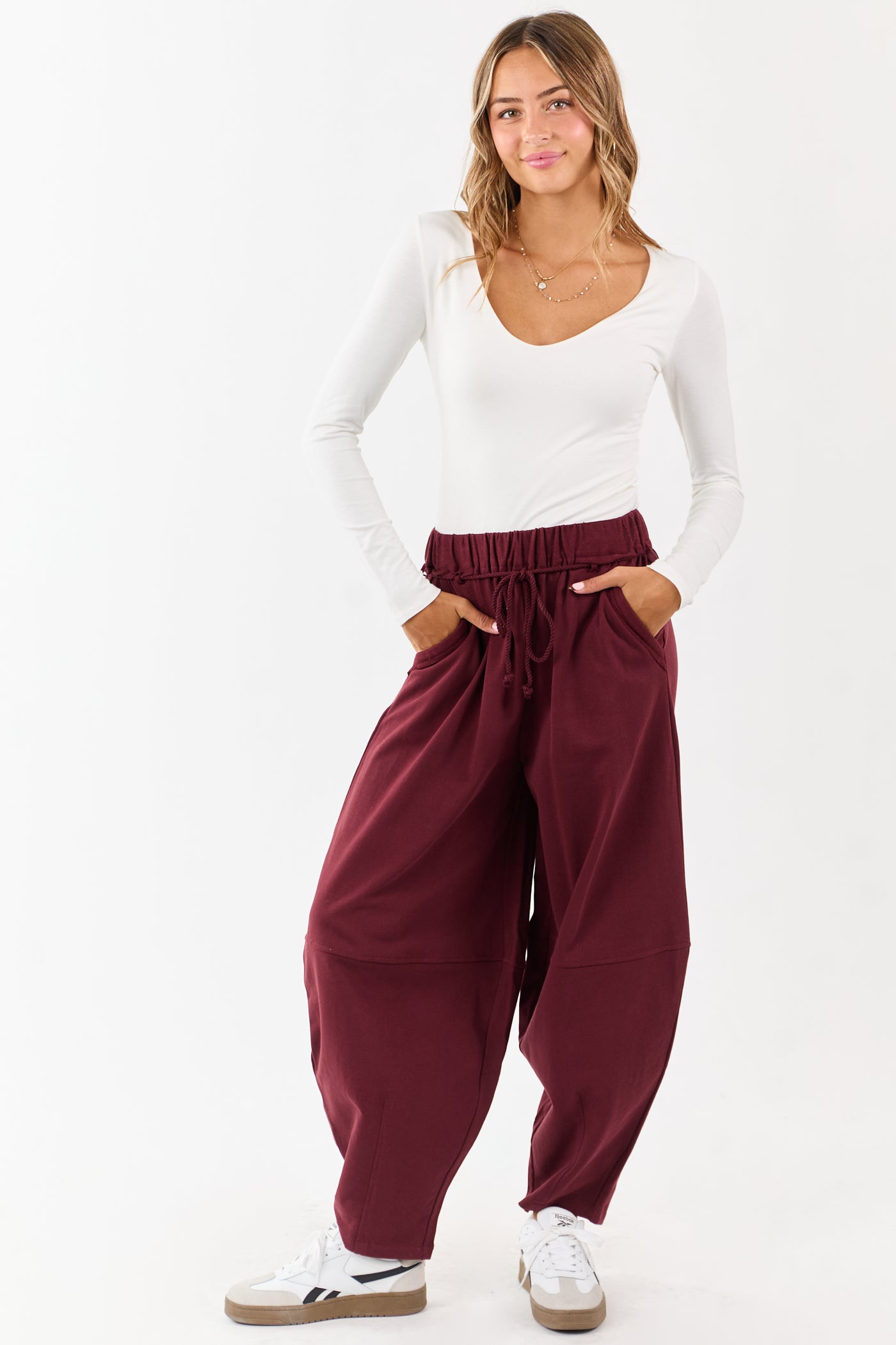 Maroon Waist Tie Barrel Style Cotton Sweatpants