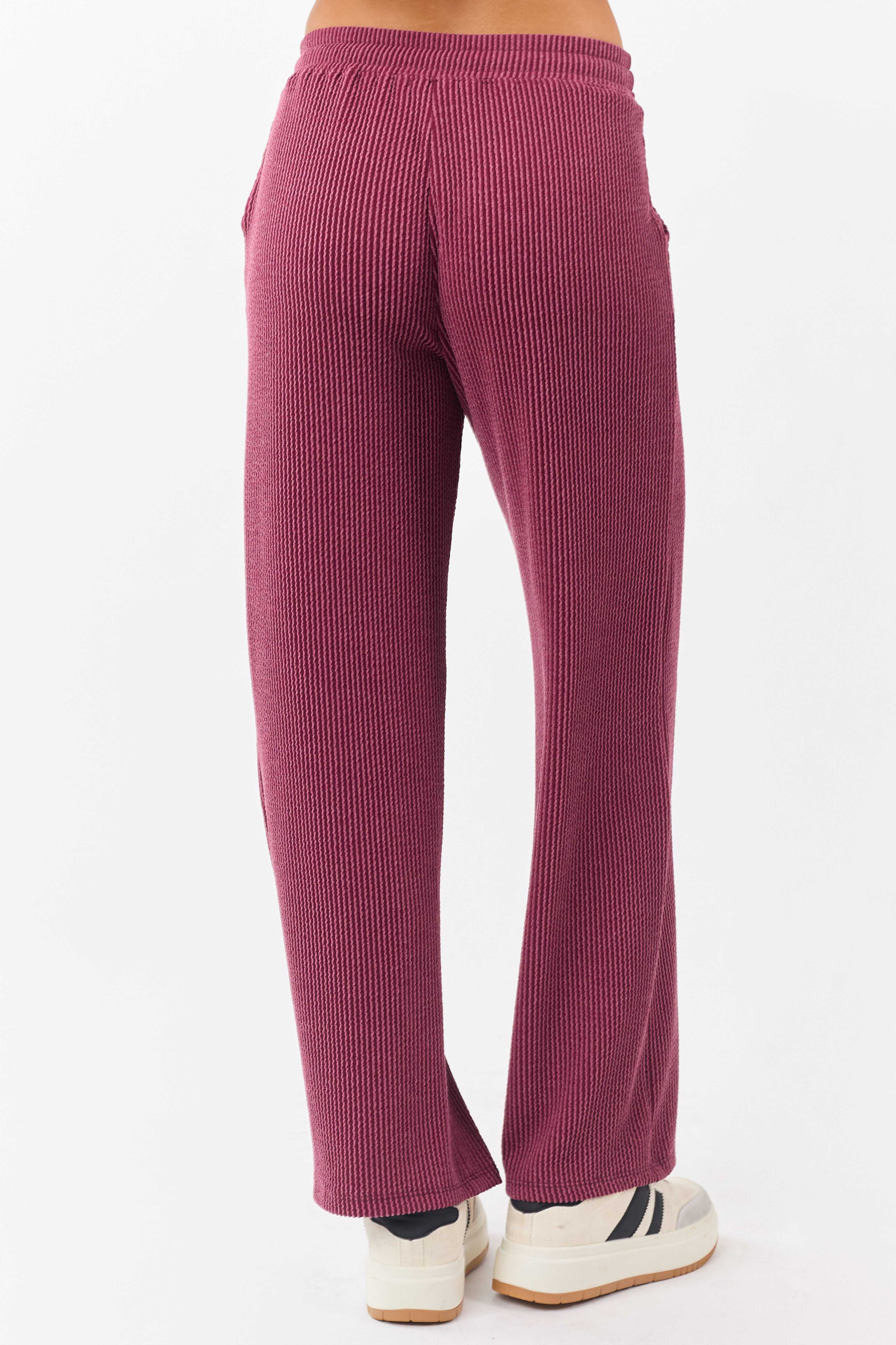 Maroon Wavy Ribbed Elastic Waist Drawstring Pants