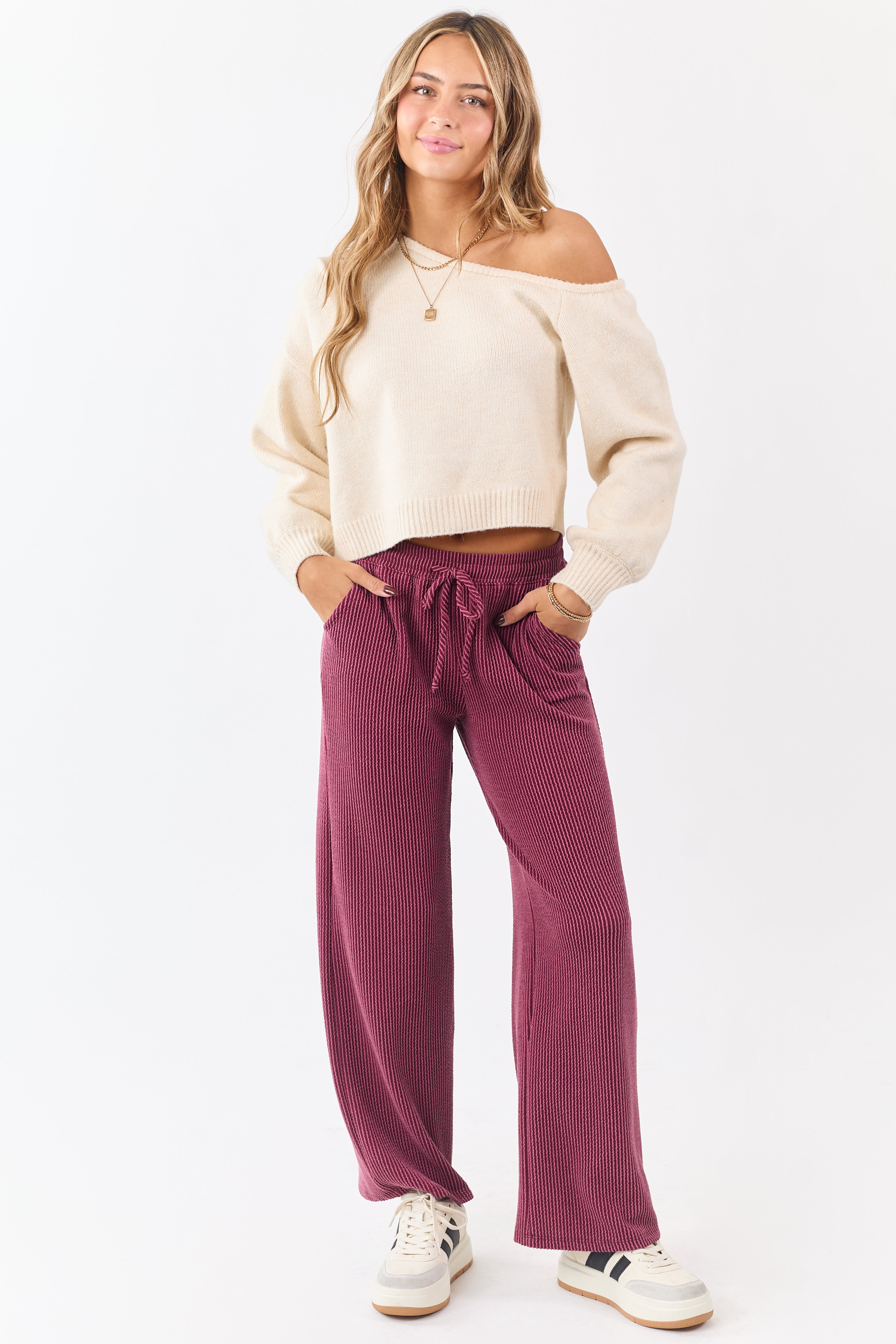 Maroon Wavy Ribbed Elastic Waist Drawstring Pants