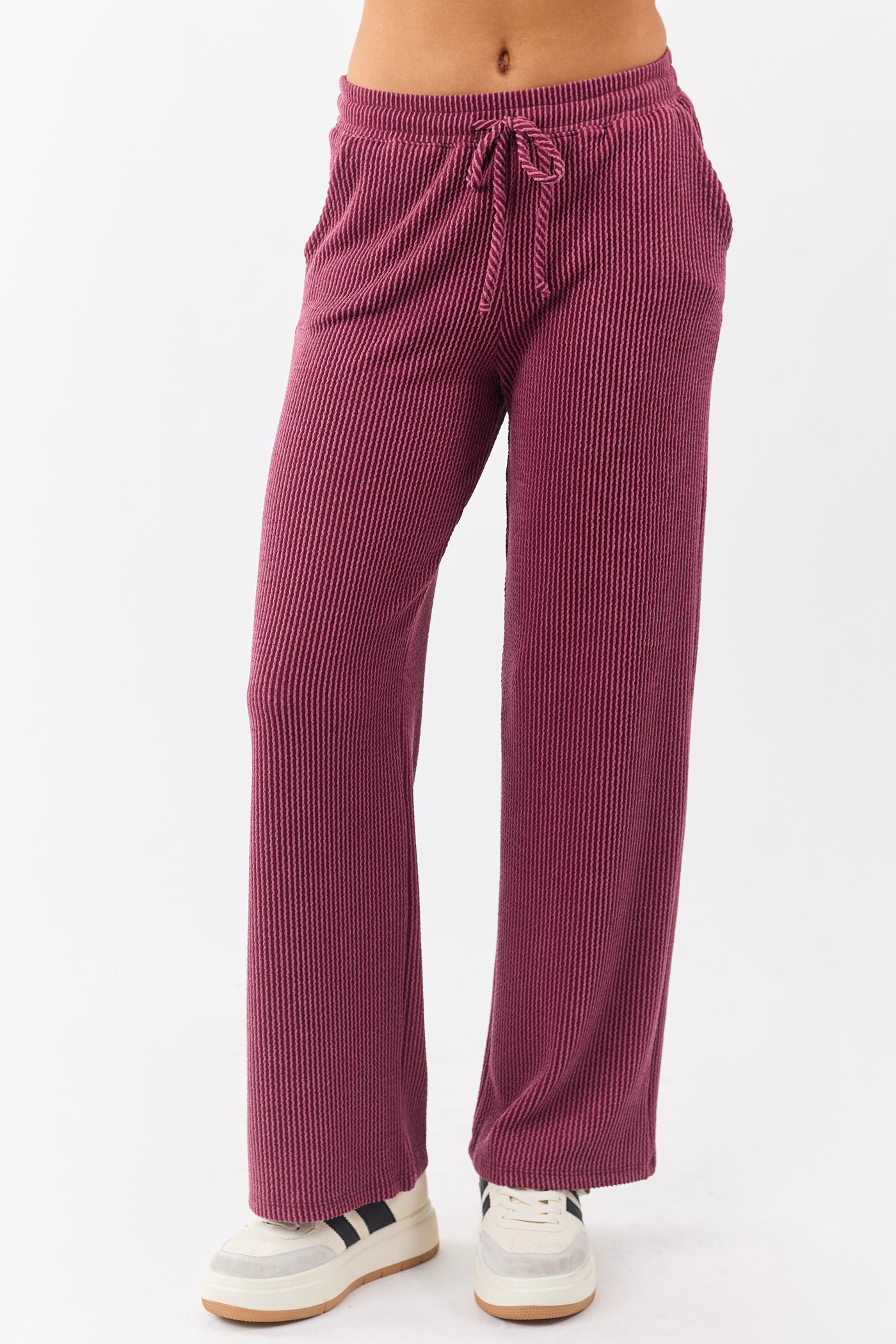 Maroon Wavy Ribbed Elastic Waist Drawstring Pants