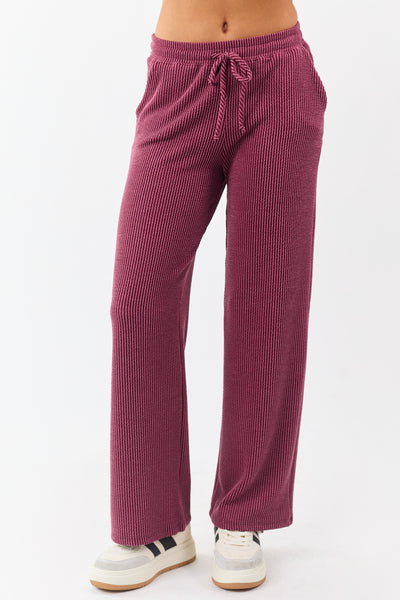 Maroon Wavy Ribbed Elastic Waist Drawstring Pants