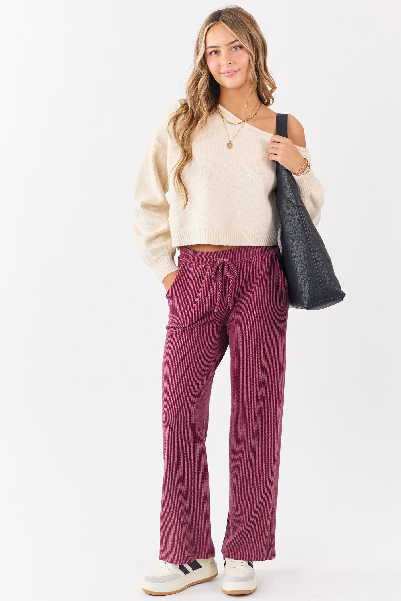 Maroon Wavy Ribbed Elastic Waist Drawstring Pants