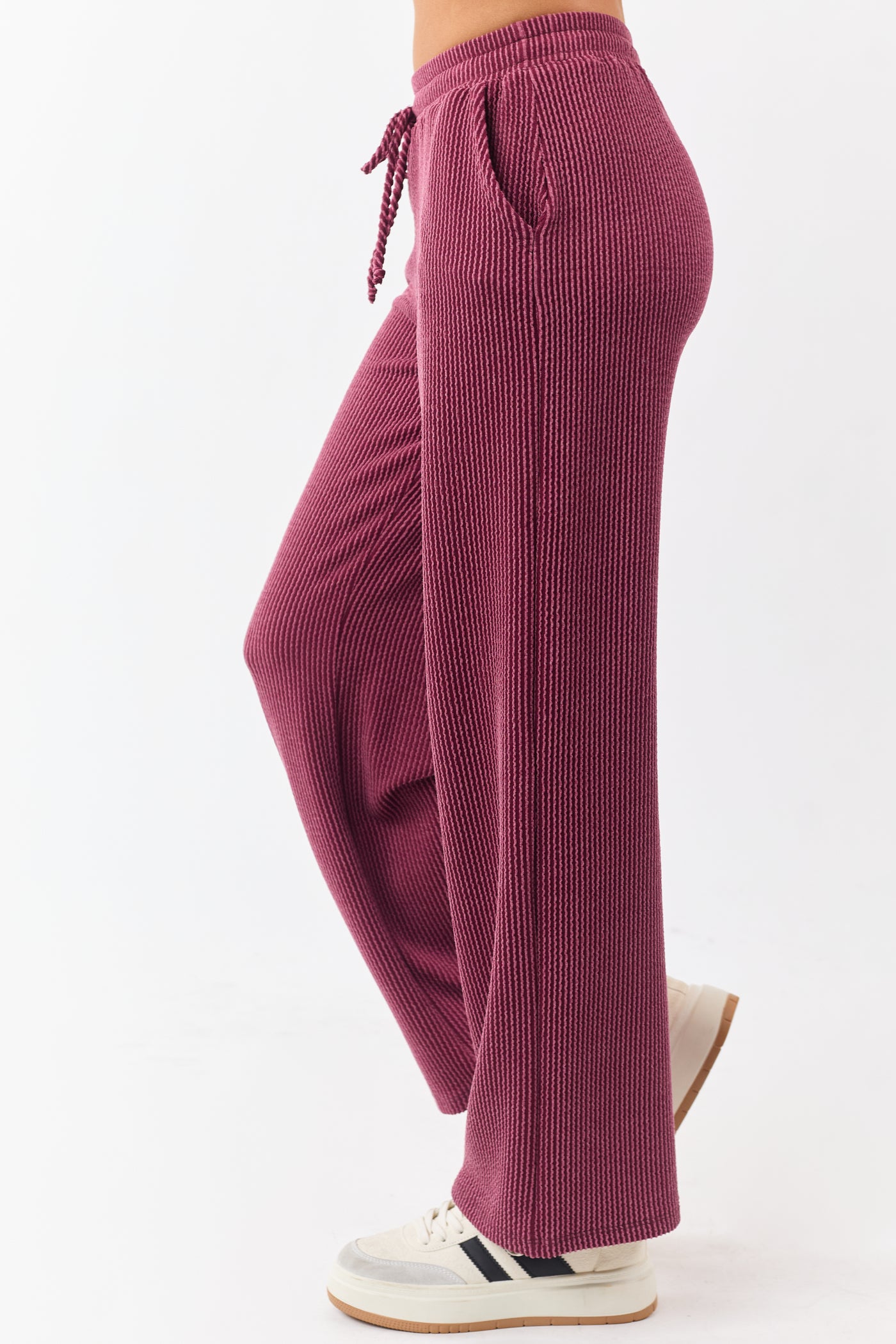 Maroon Wavy Ribbed Elastic Waist Drawstring Pants