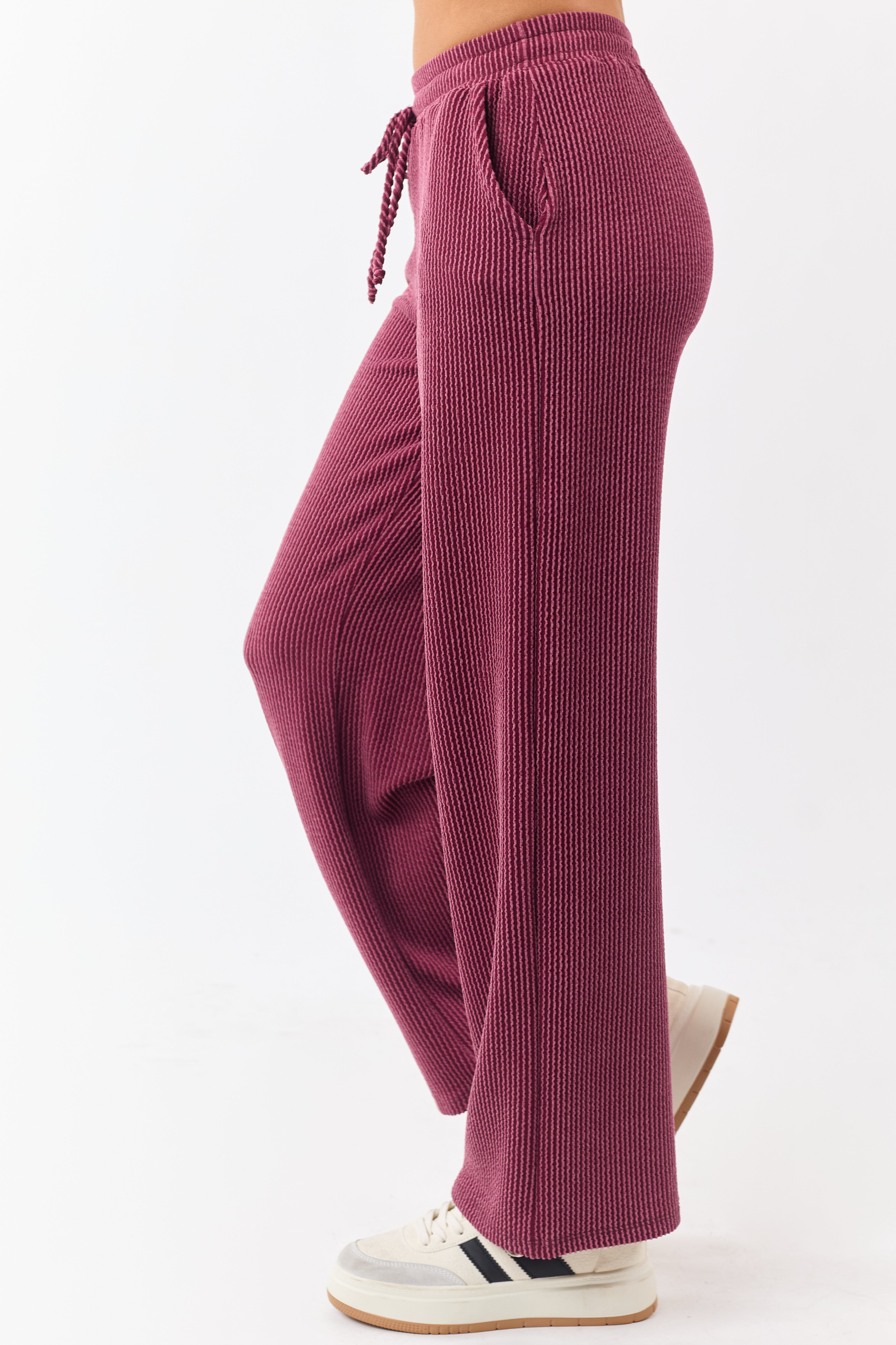 Maroon Wavy Ribbed Elastic Waist Drawstring Pants