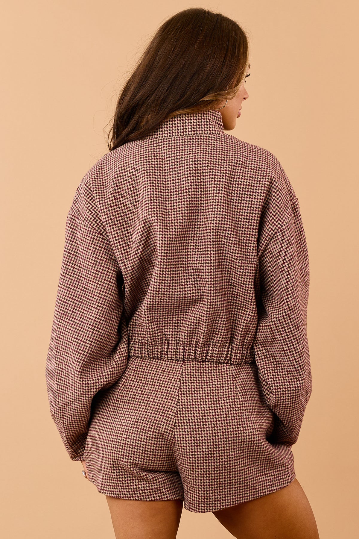 Maroon Wool Blend Houndstooth Zip Up Jacket