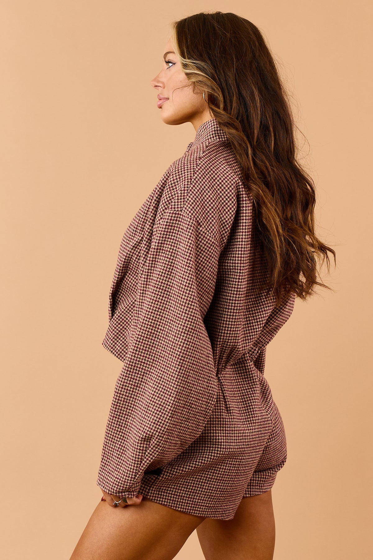 Maroon Wool Blend Houndstooth Zip Up Jacket