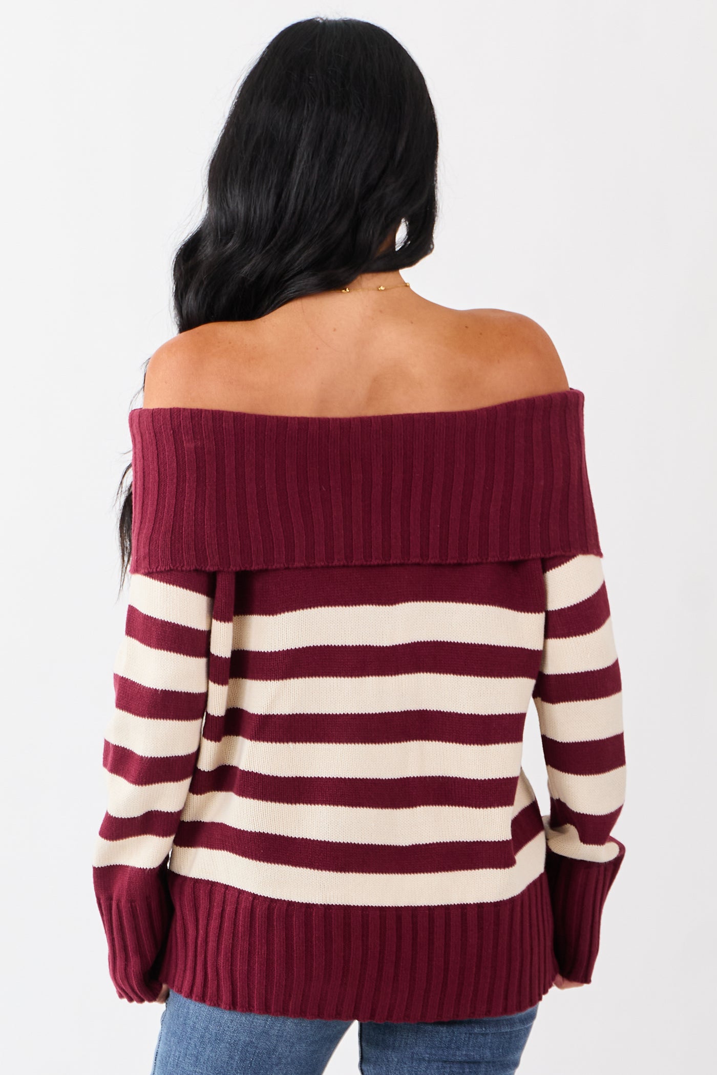 Maroon and Cream Striped Off Shoulder Sweater
