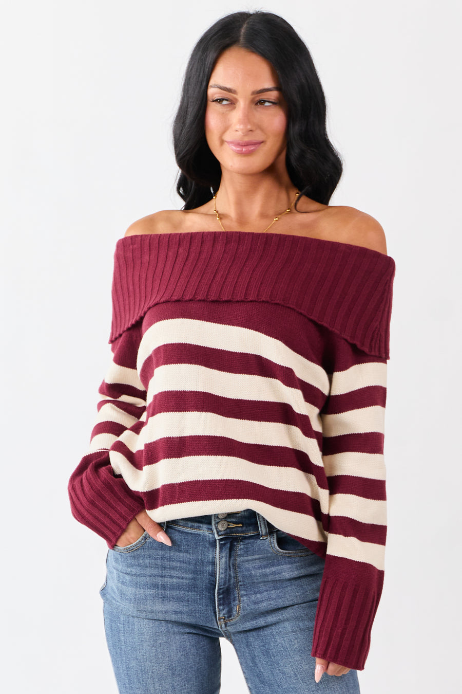 Maroon and Cream Striped Off Shoulder Sweater