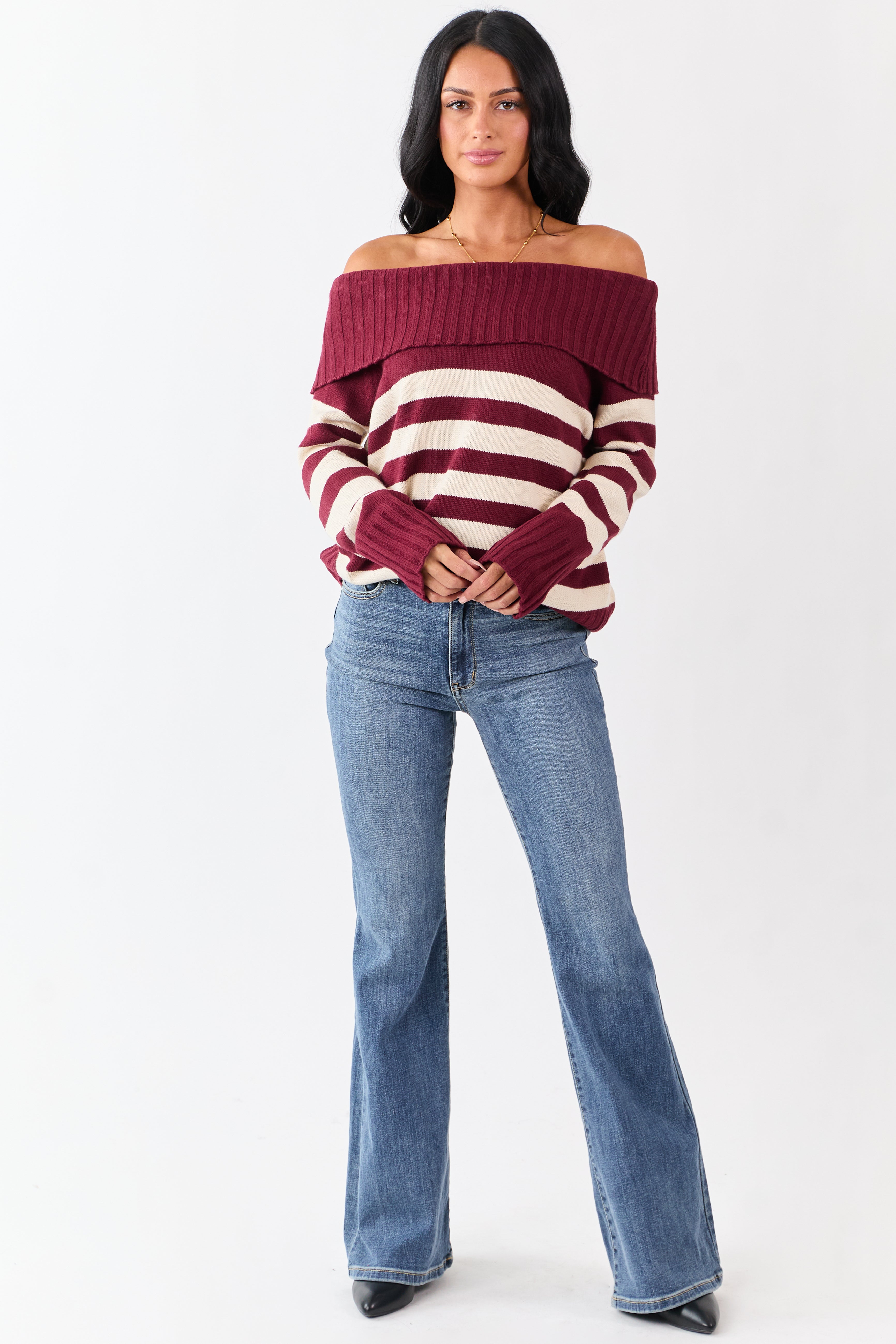 Maroon and Cream Striped Off Shoulder Sweater