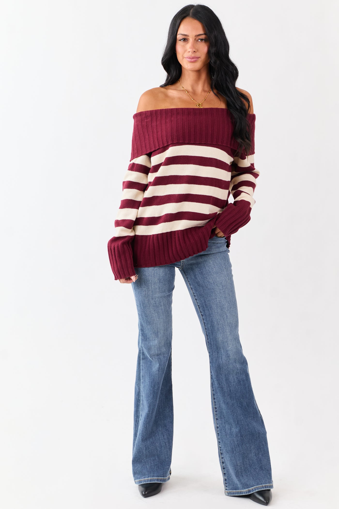 Maroon and Cream Striped Off Shoulder Sweater