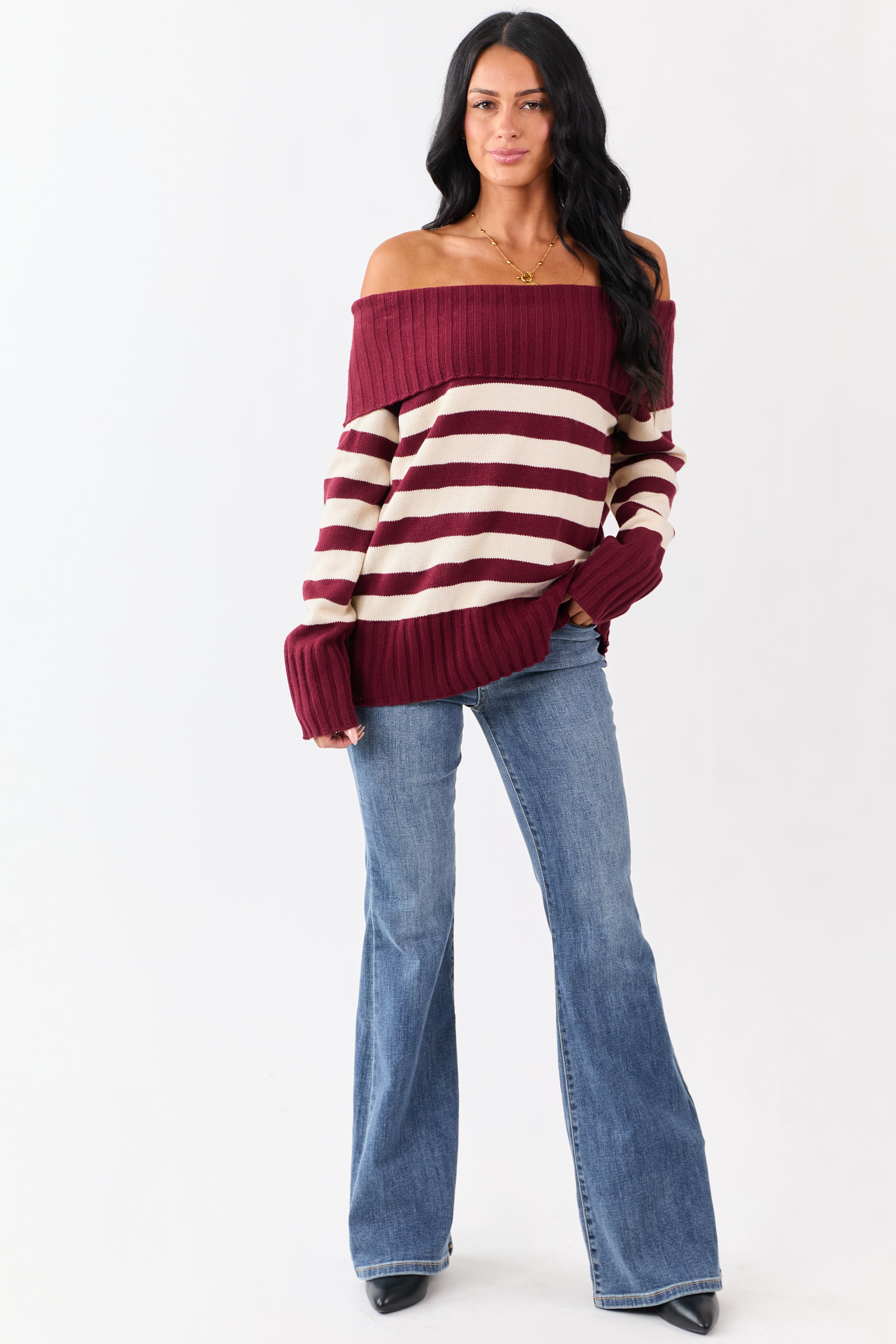 Maroon and Cream Striped Off Shoulder Sweater