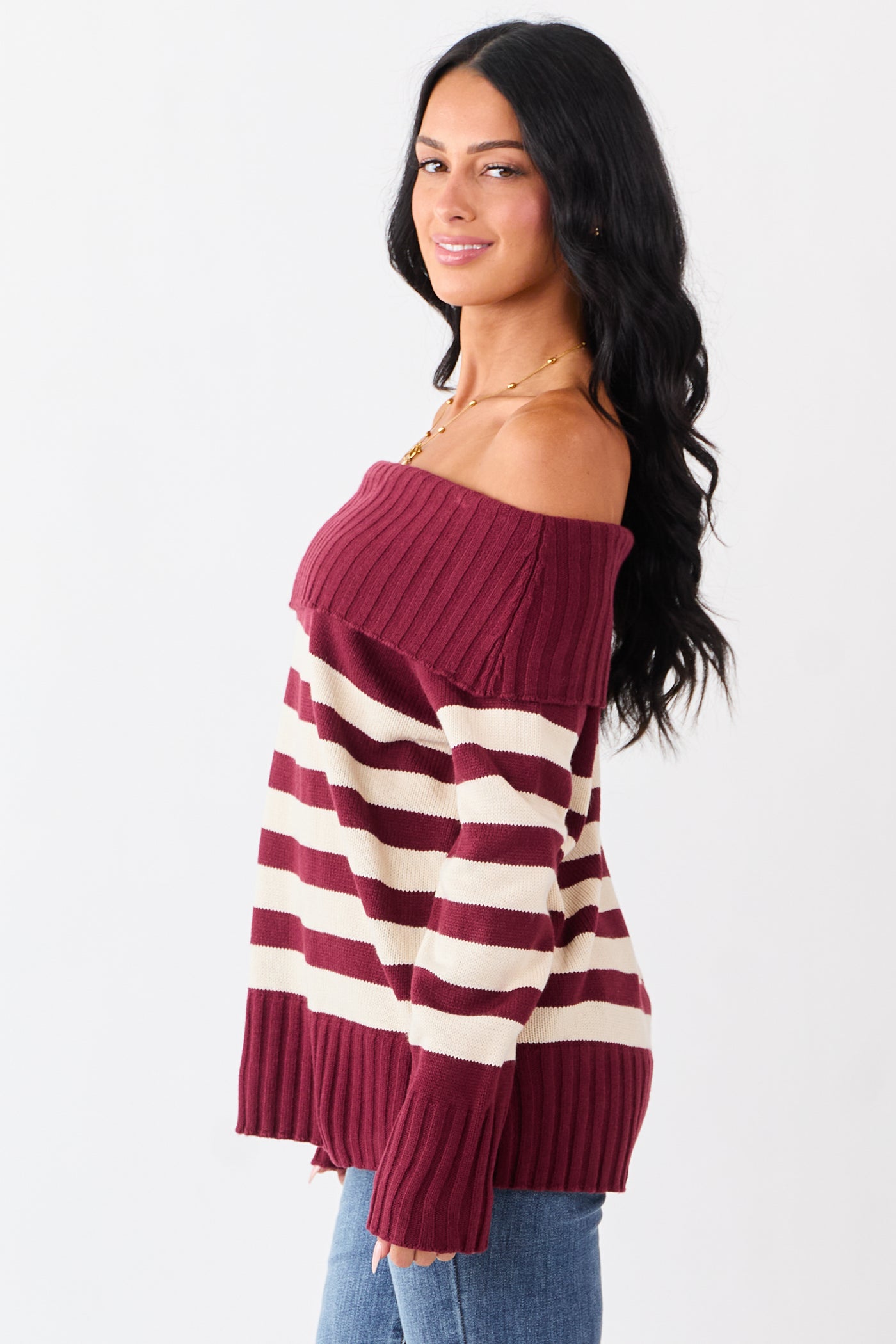 Maroon and Cream Striped Off Shoulder Sweater