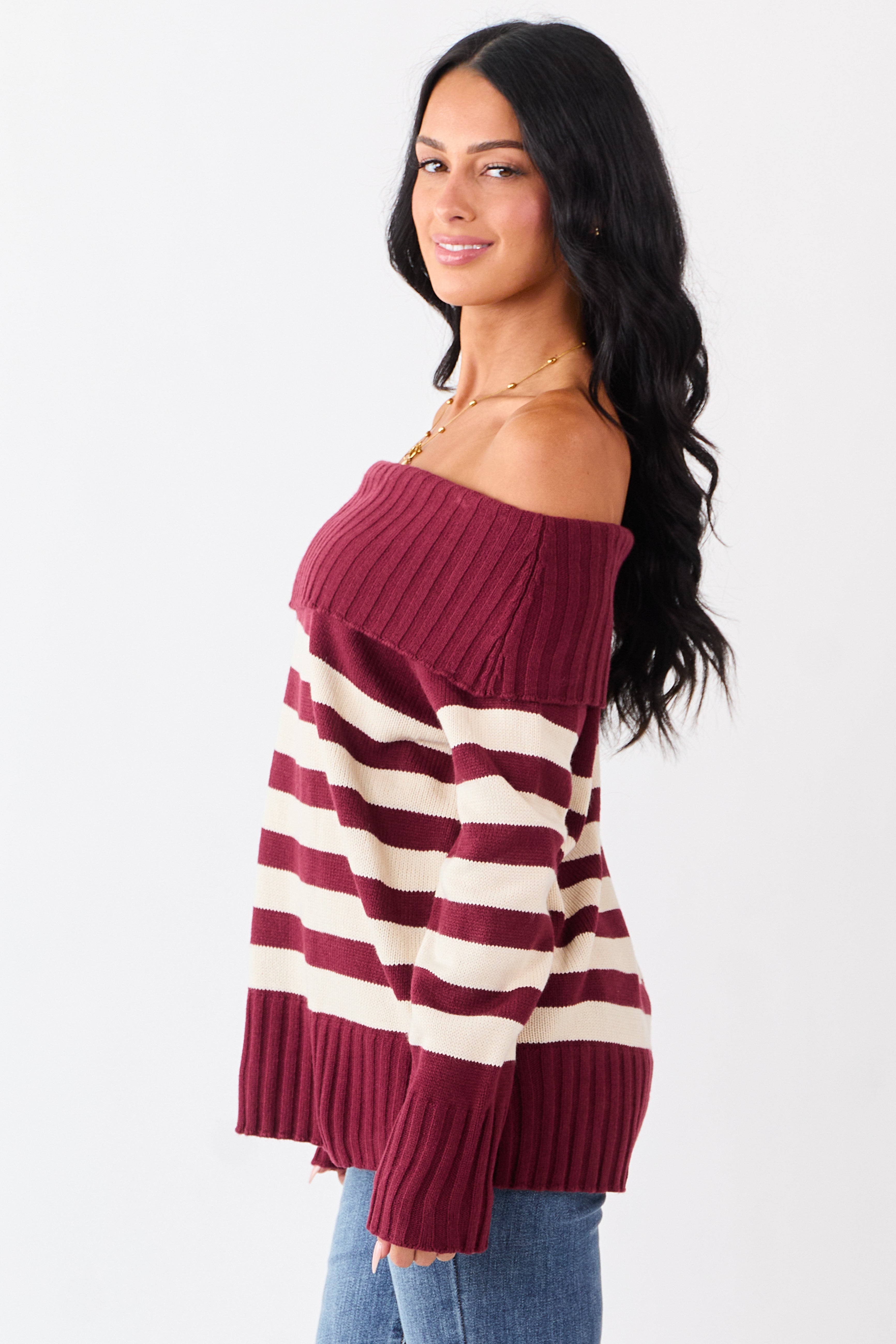 Maroon and Cream Striped Off Shoulder Sweater