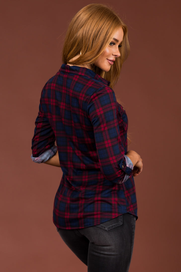 Maroon and Navy Plaid Top with Chest Pocket
