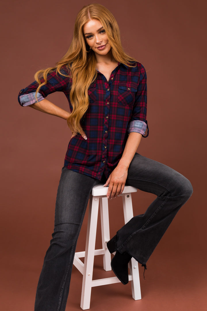 Maroon and Navy Plaid Top with Chest Pocket
