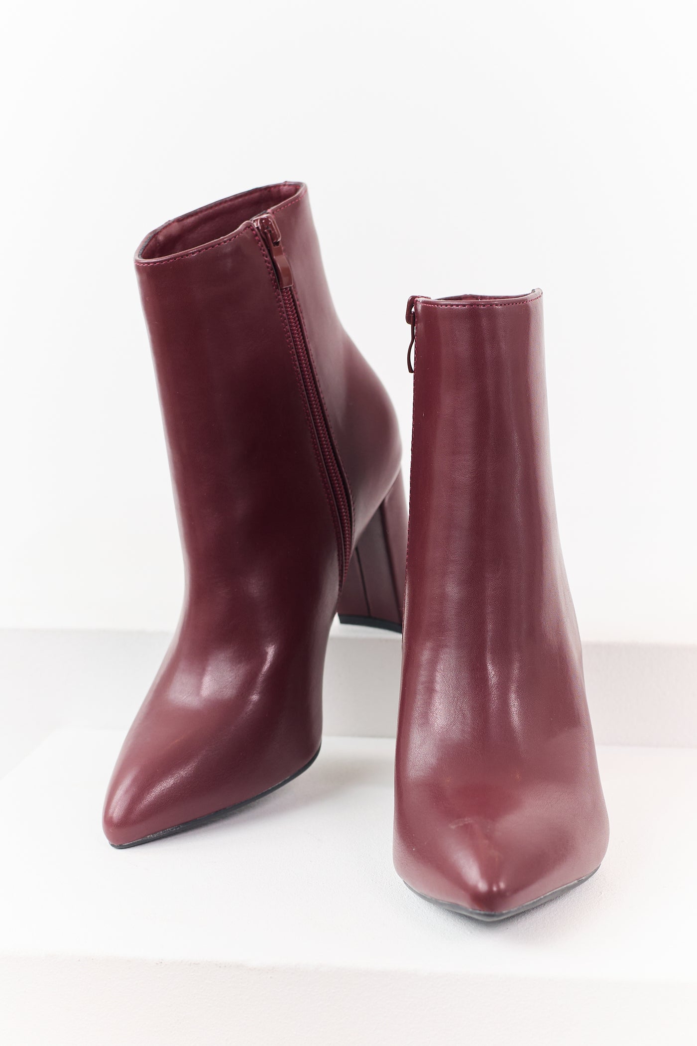 Maroon Faux Leather Pointed Toe Block Heel Booties